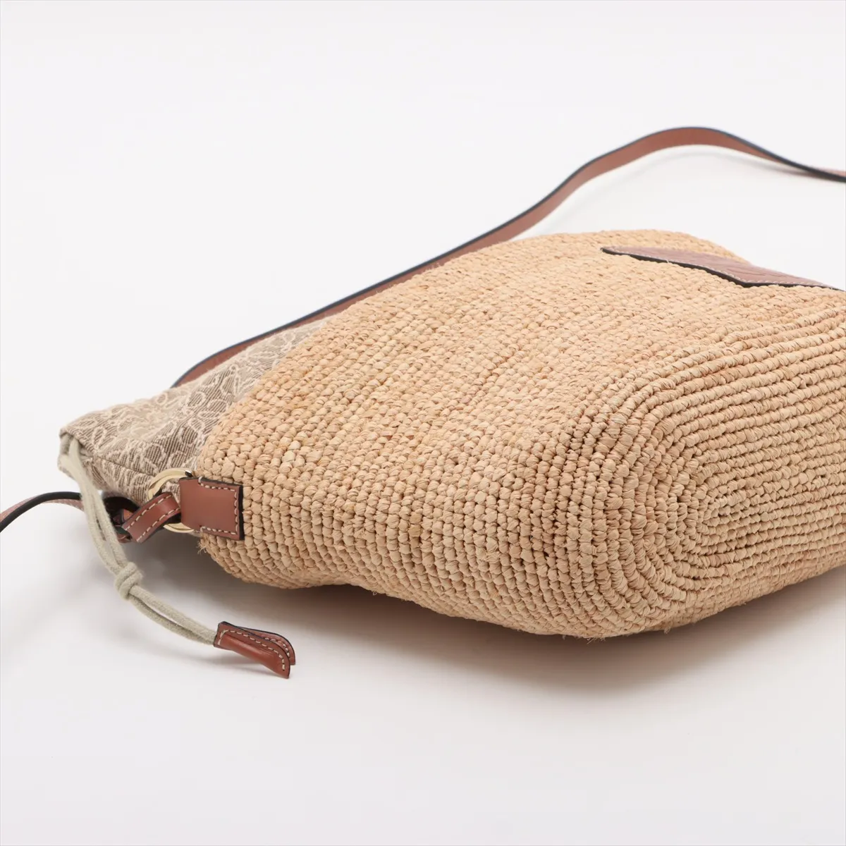 Anagram Parrot Pochette Bag, Raffia x Leather Shoulder Bag, Beige x Brown — view 4
