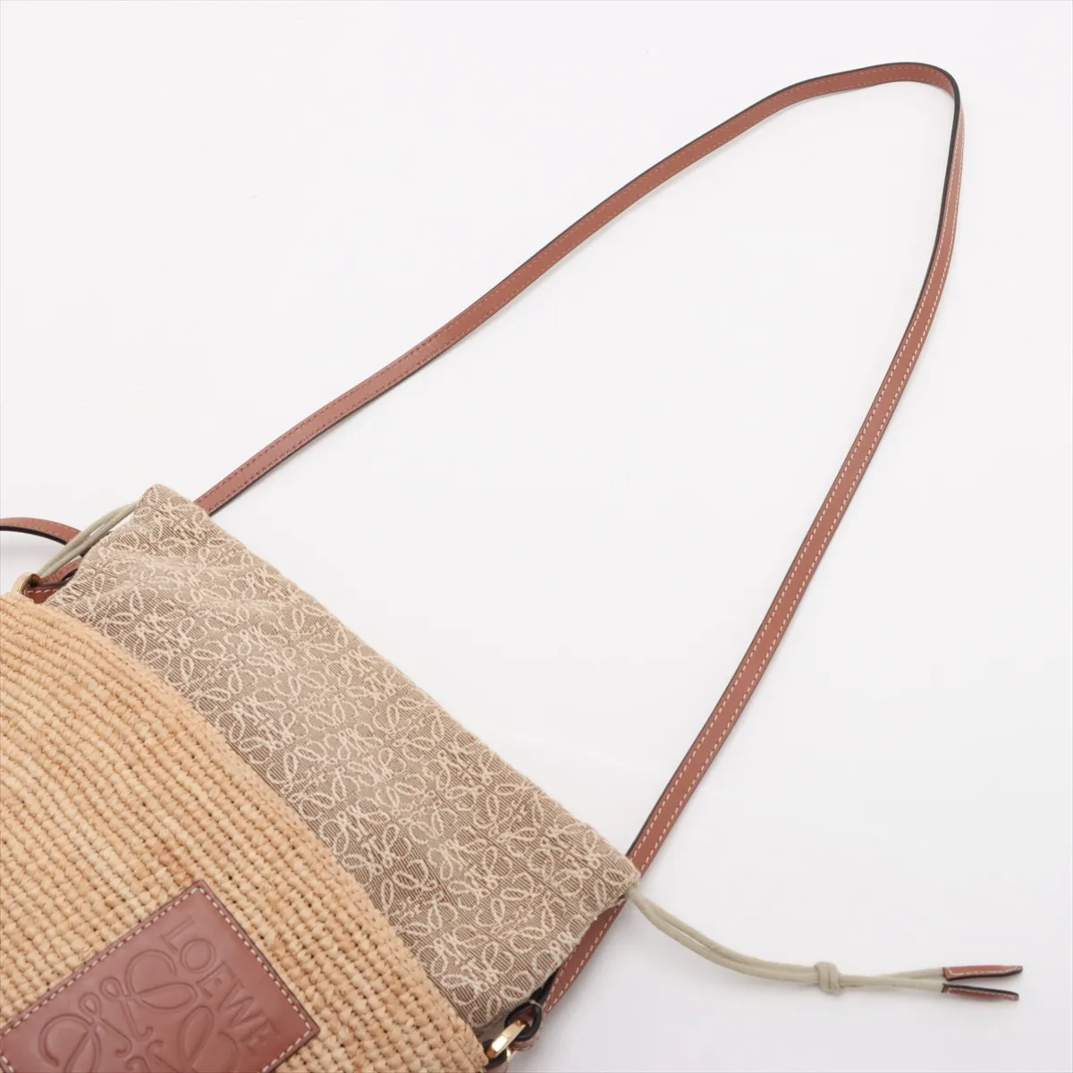 Anagram Parrot Pochette Bag, Raffia x Leather Shoulder Bag, Beige x Brown — view 5