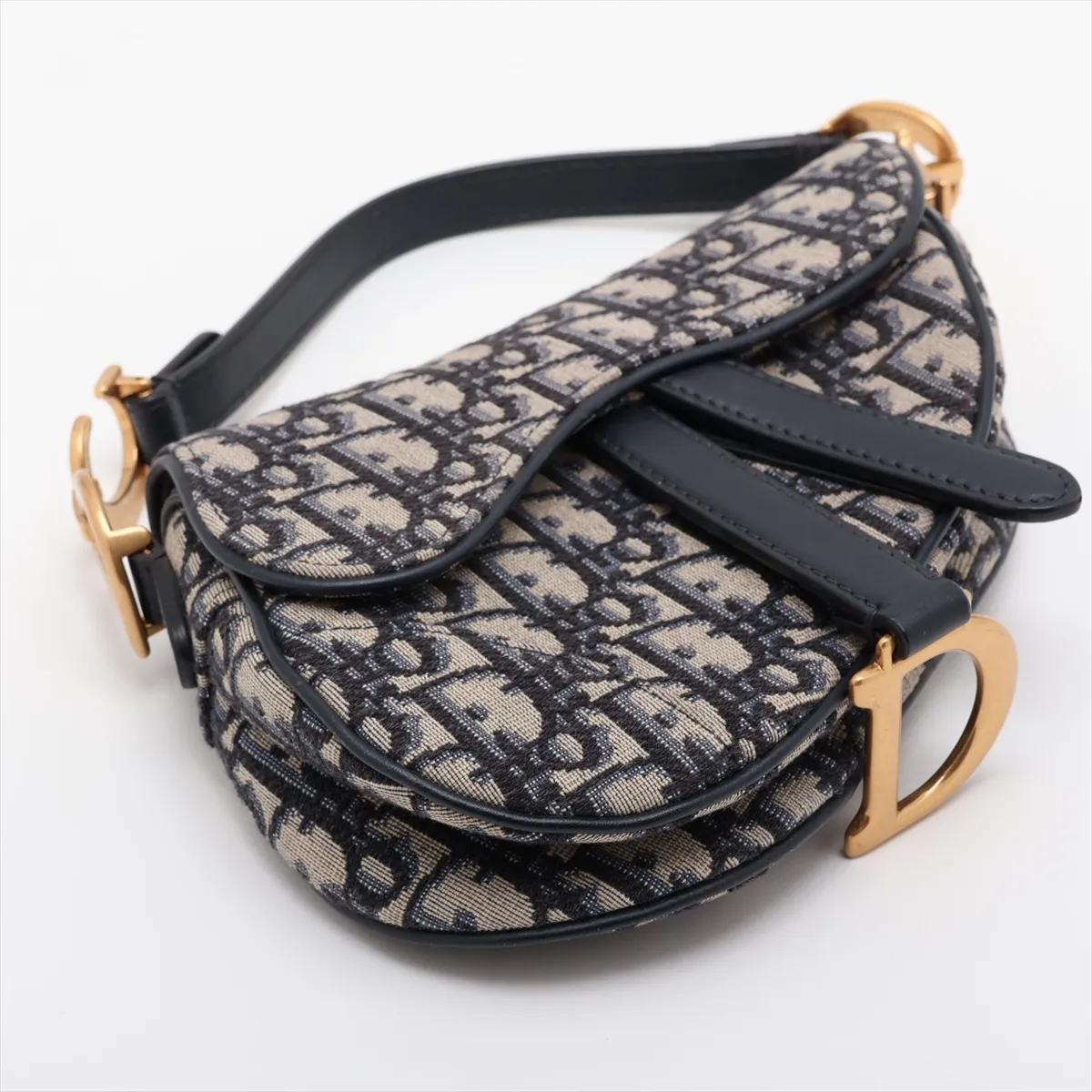 Oblique Saddle Bag Canvas x Leather Handbag Navy — view 4
