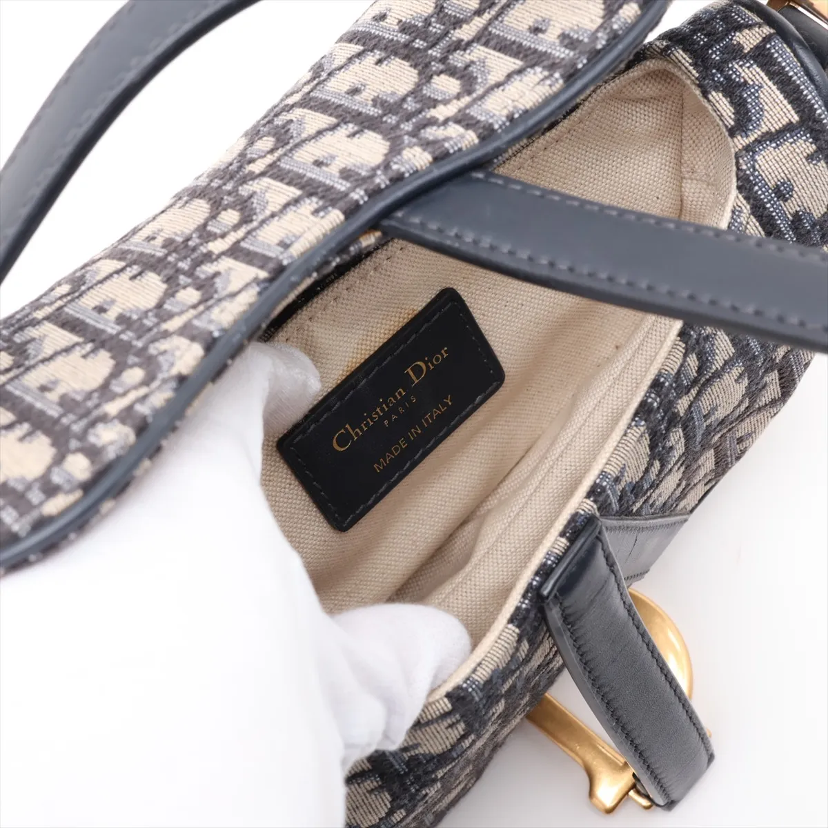 Oblique Saddle Bag Canvas x Leather Handbag Navy — view 7