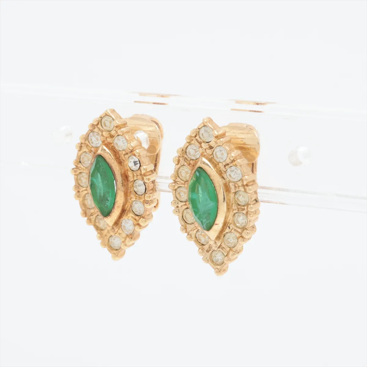 Earrings (Pair) GP x Rhinestone Green x Gold — view 3