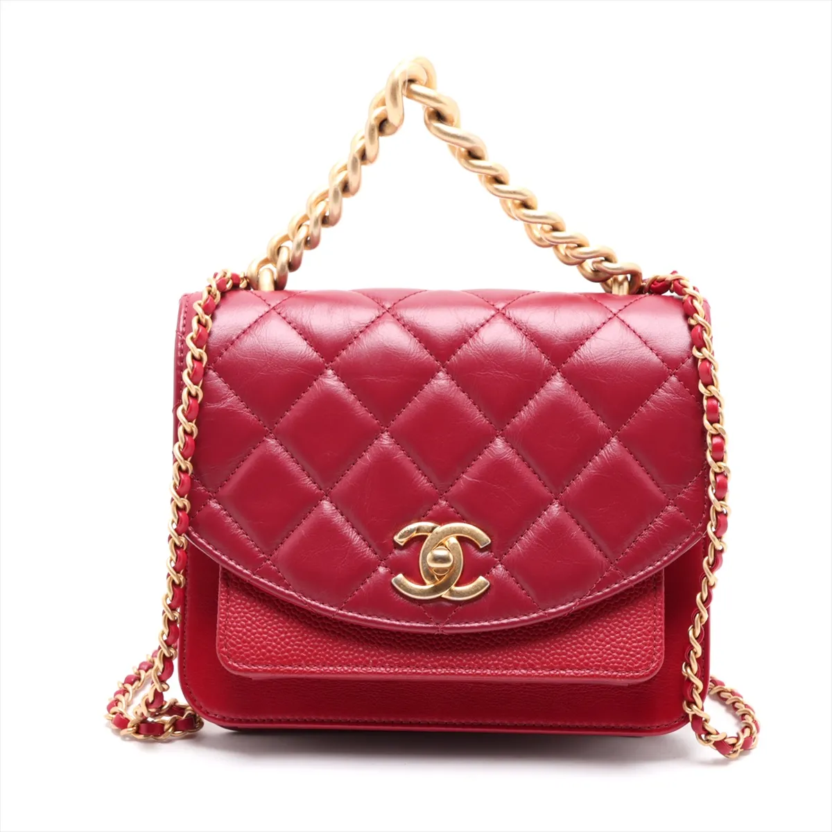 Matelassé Vintage Calfskin x Caviar Skin Chain Shoulder Bag, Red with Gold Hardware, 28257227 (Serial Number 28)