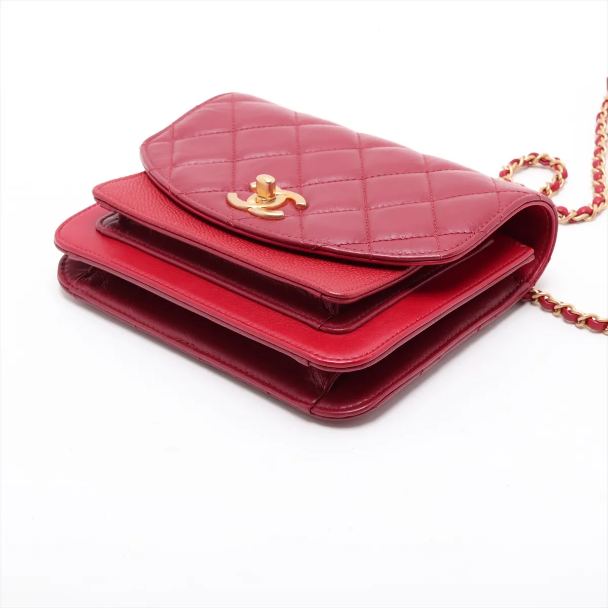 Matelassé Vintage Calfskin x Caviar Skin Chain Shoulder Bag, Red with Gold Hardware, 28257227 (Serial Number 28) — view 3