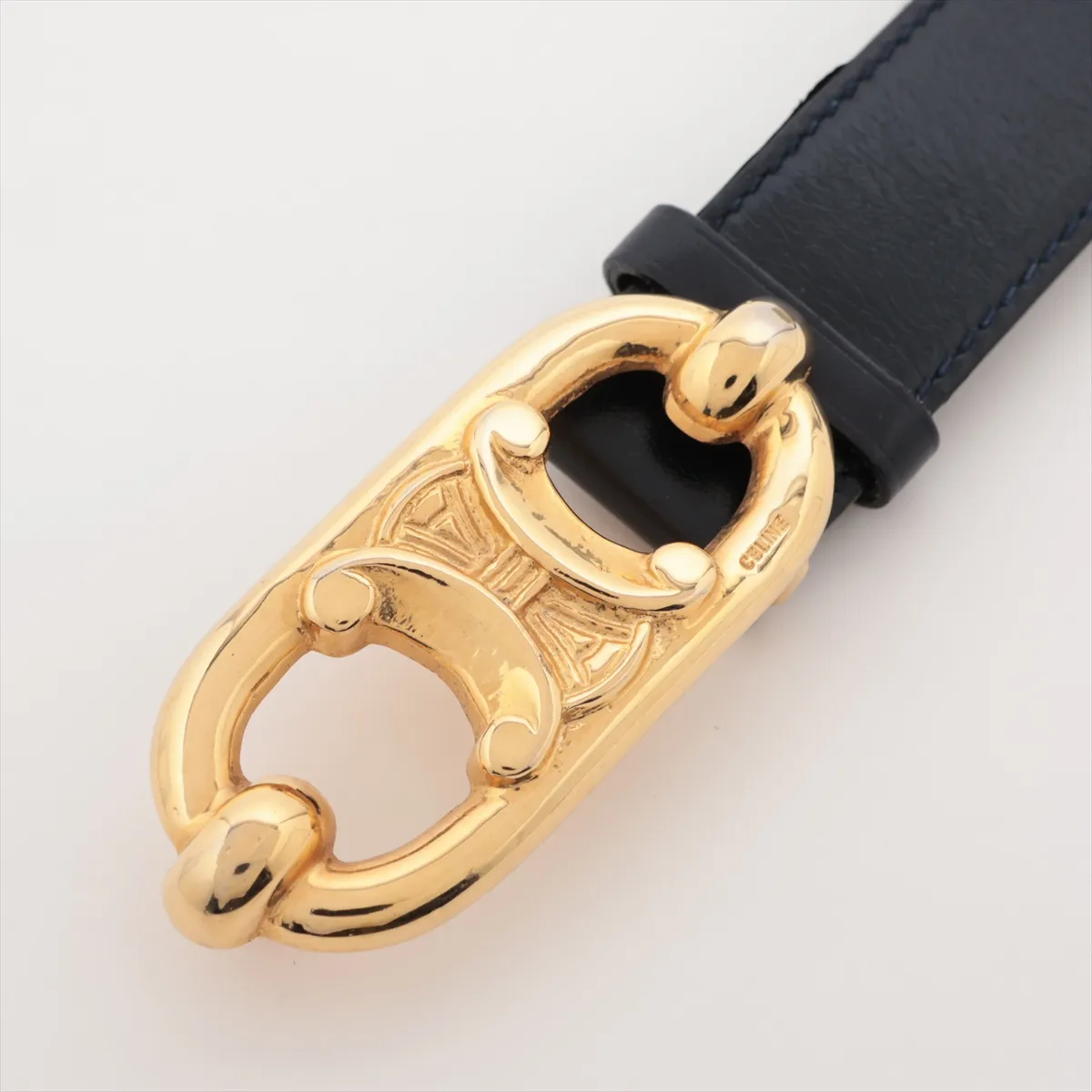Triomphe Belt 65 Leather x GP Navy x Gold. Shows signs of wear, — view 2