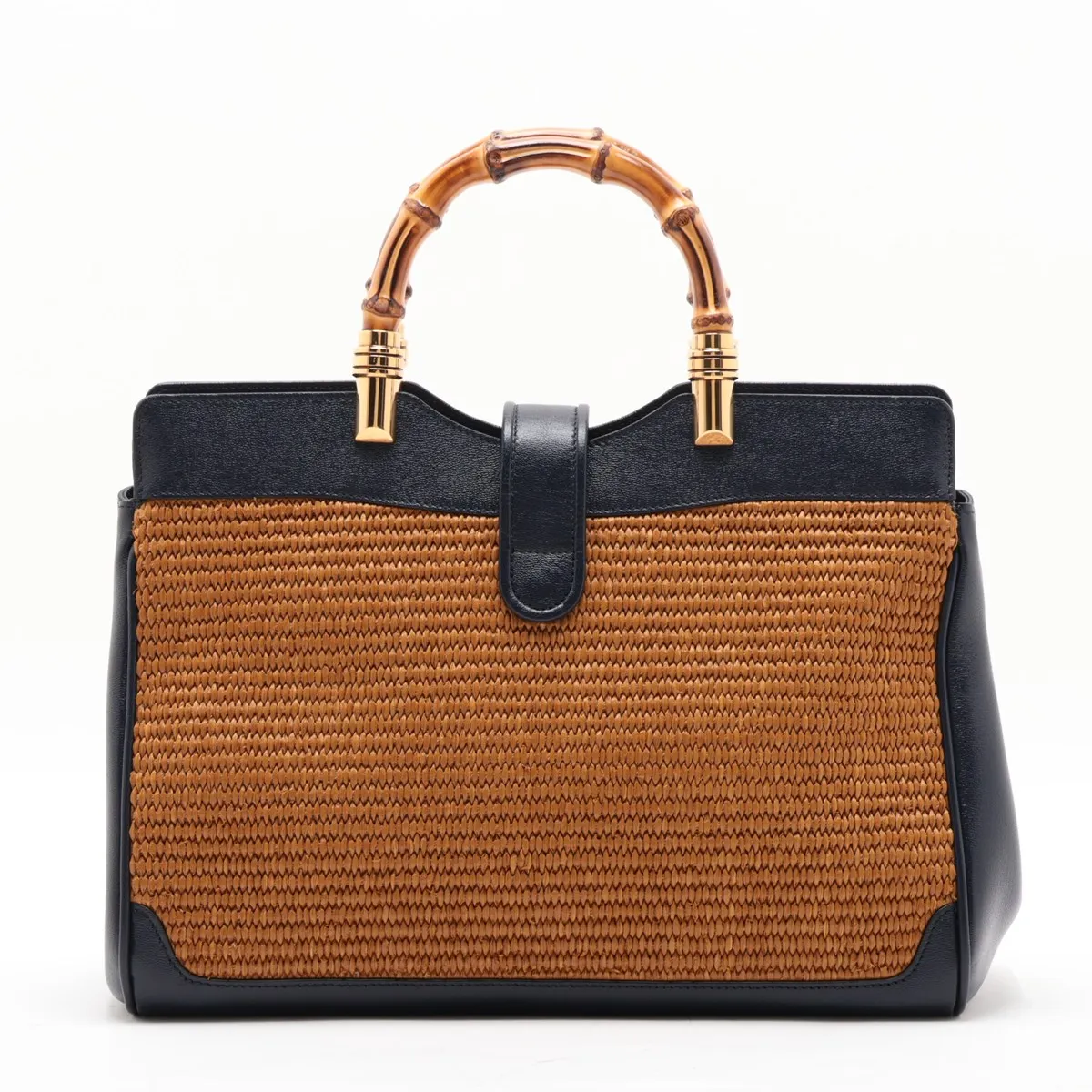 Bamboo 655657 Raffia x Leather 2-Way Handbag Brown x Navy — view 2