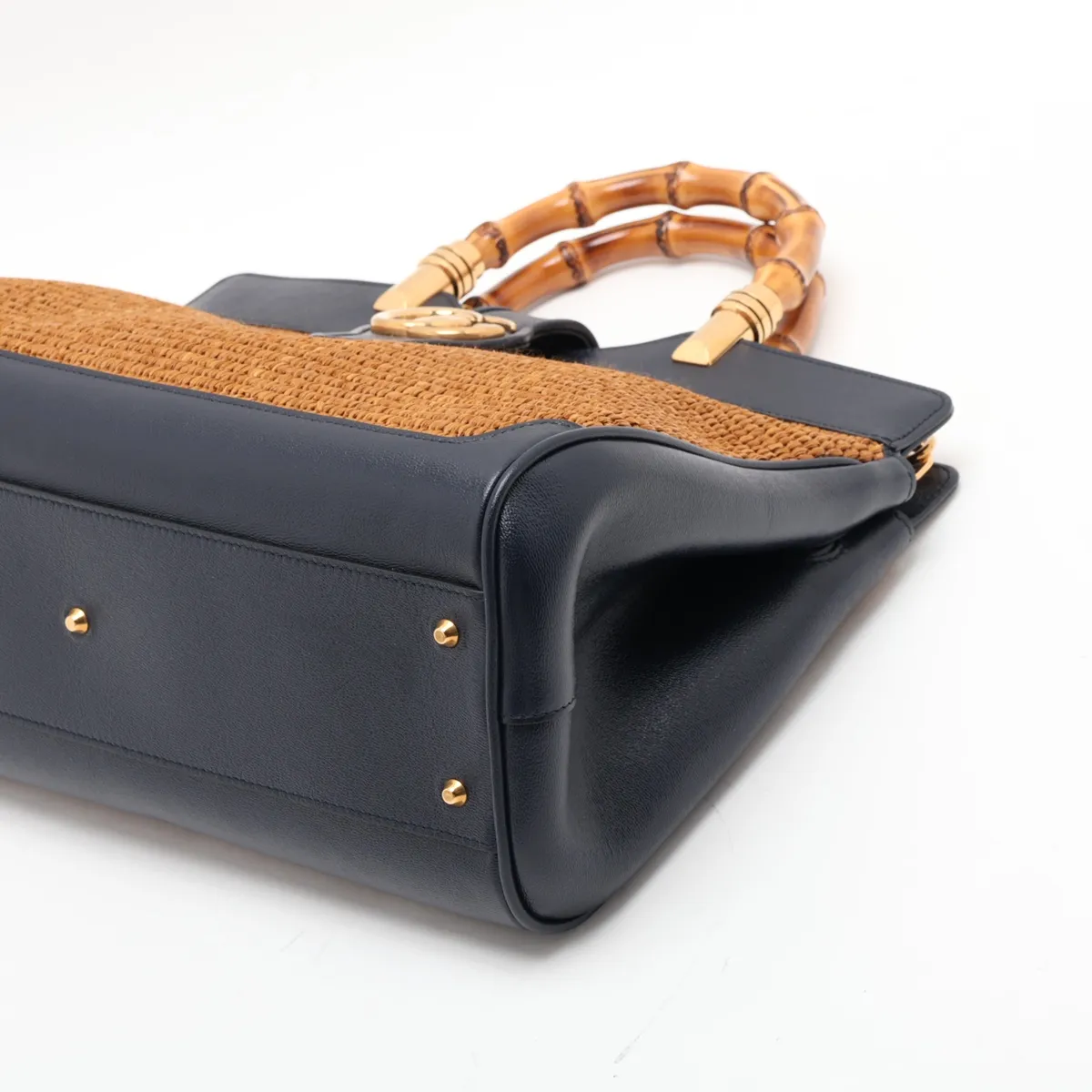 Bamboo 655657 Raffia x Leather 2-Way Handbag Brown x Navy — view 3