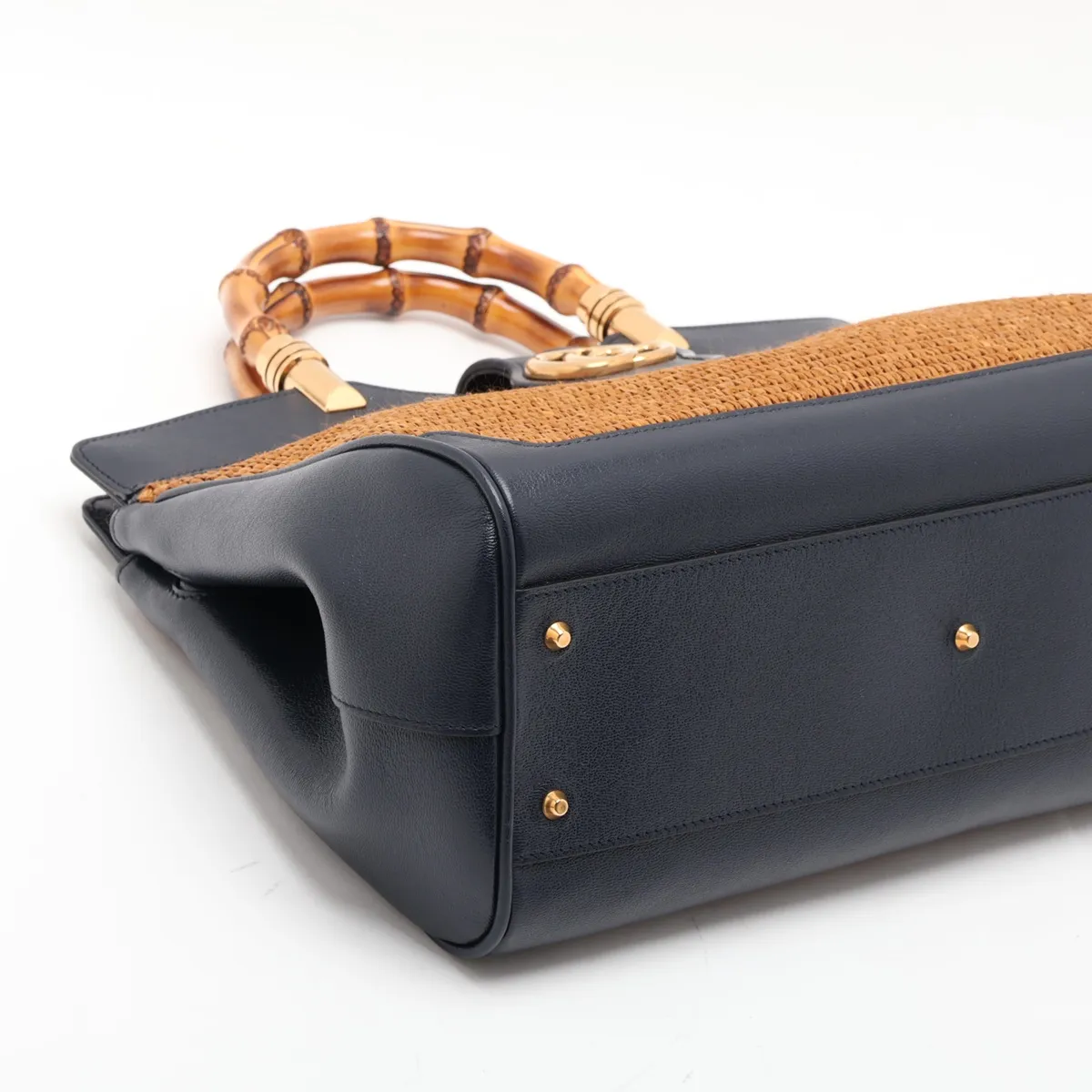 Bamboo 655657 Raffia x Leather 2-Way Handbag Brown x Navy — view 4