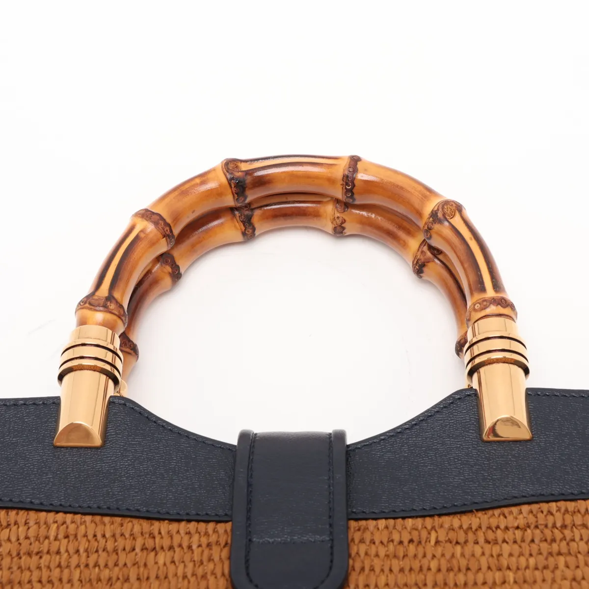 Bamboo 655657 Raffia x Leather 2-Way Handbag Brown x Navy — view 6