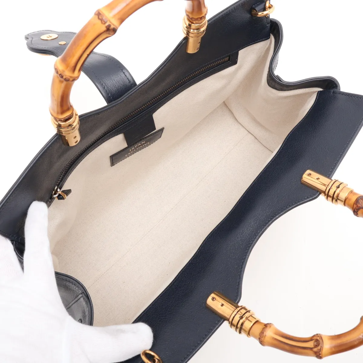 Bamboo 655657 Raffia x Leather 2-Way Handbag Brown x Navy — view 8
