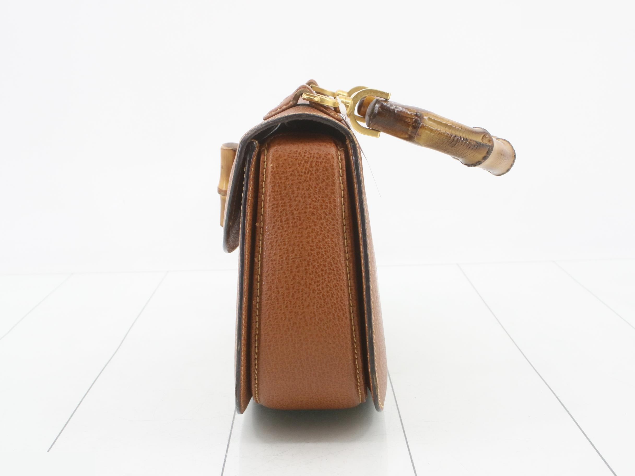 Leather Bamboo Turnlock Bag with Mirror, Brown — view 3