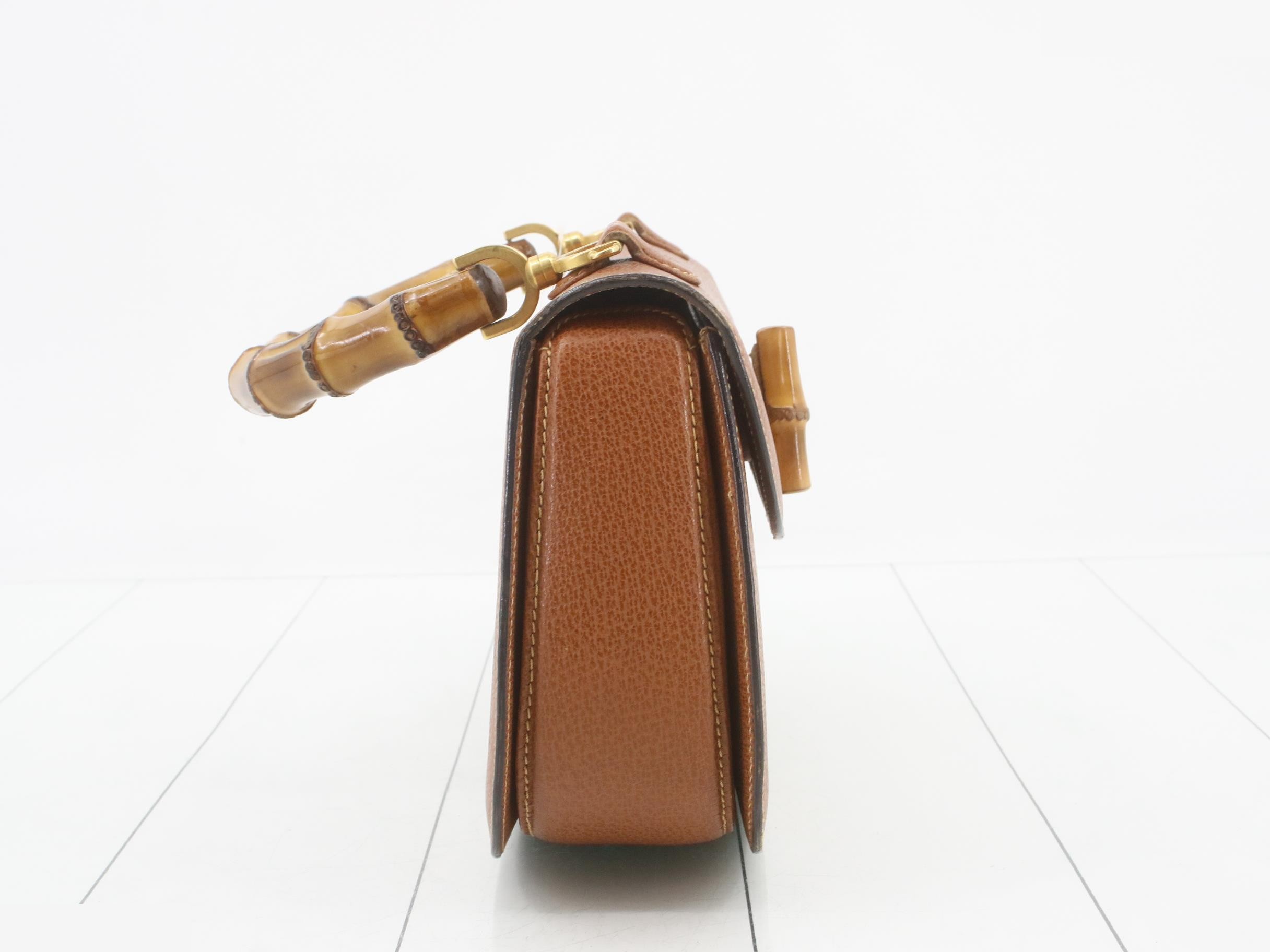 Leather Bamboo Turnlock Bag with Mirror, Brown — view 4