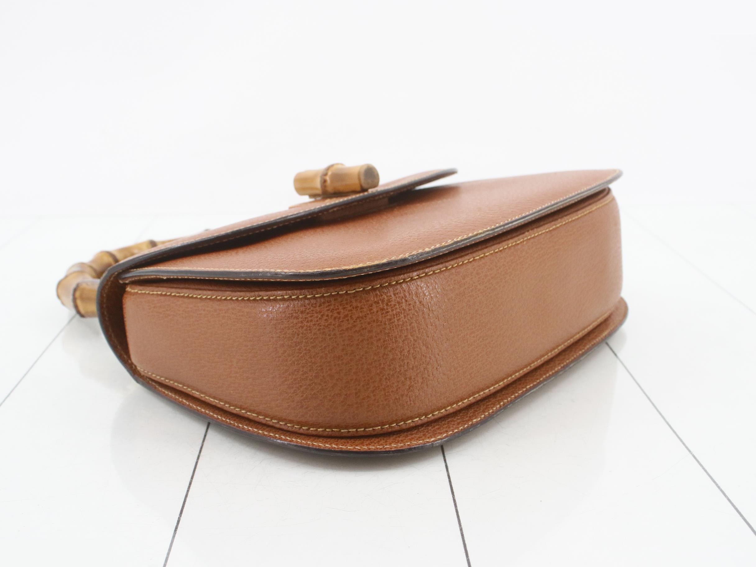 Leather Bamboo Turnlock Bag with Mirror, Brown — view 5