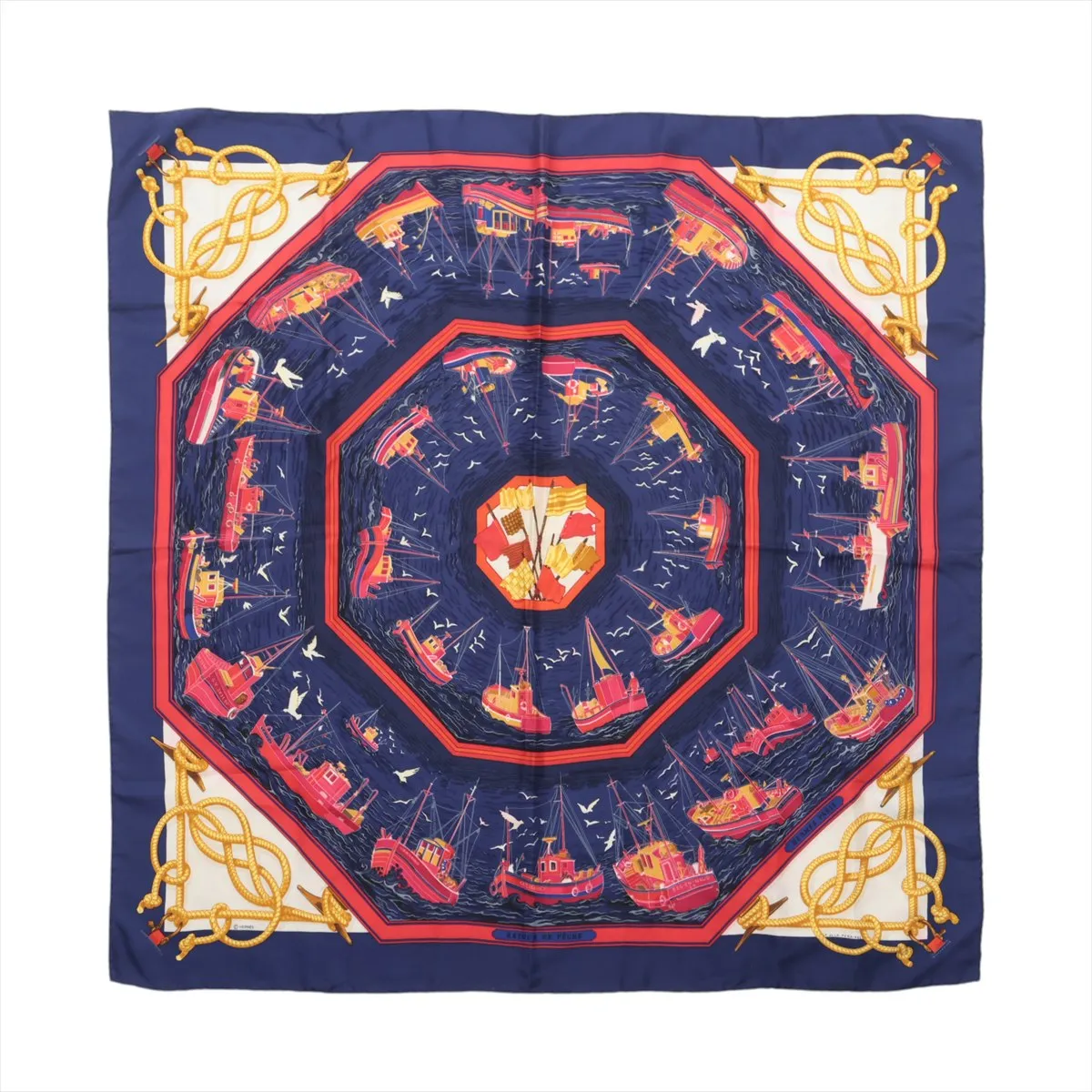 Carre 90 RETOUR DE PECHE (Fishing Boat Return) Scarf, Silk, Navy. Shows signs of wear, including