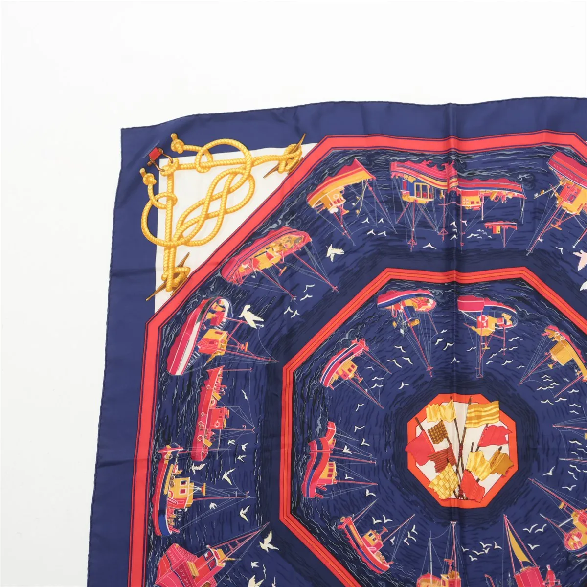 Carre 90 RETOUR DE PECHE (Fishing Boat Return) Scarf, Silk, Navy. Shows signs of wear, including — view 2