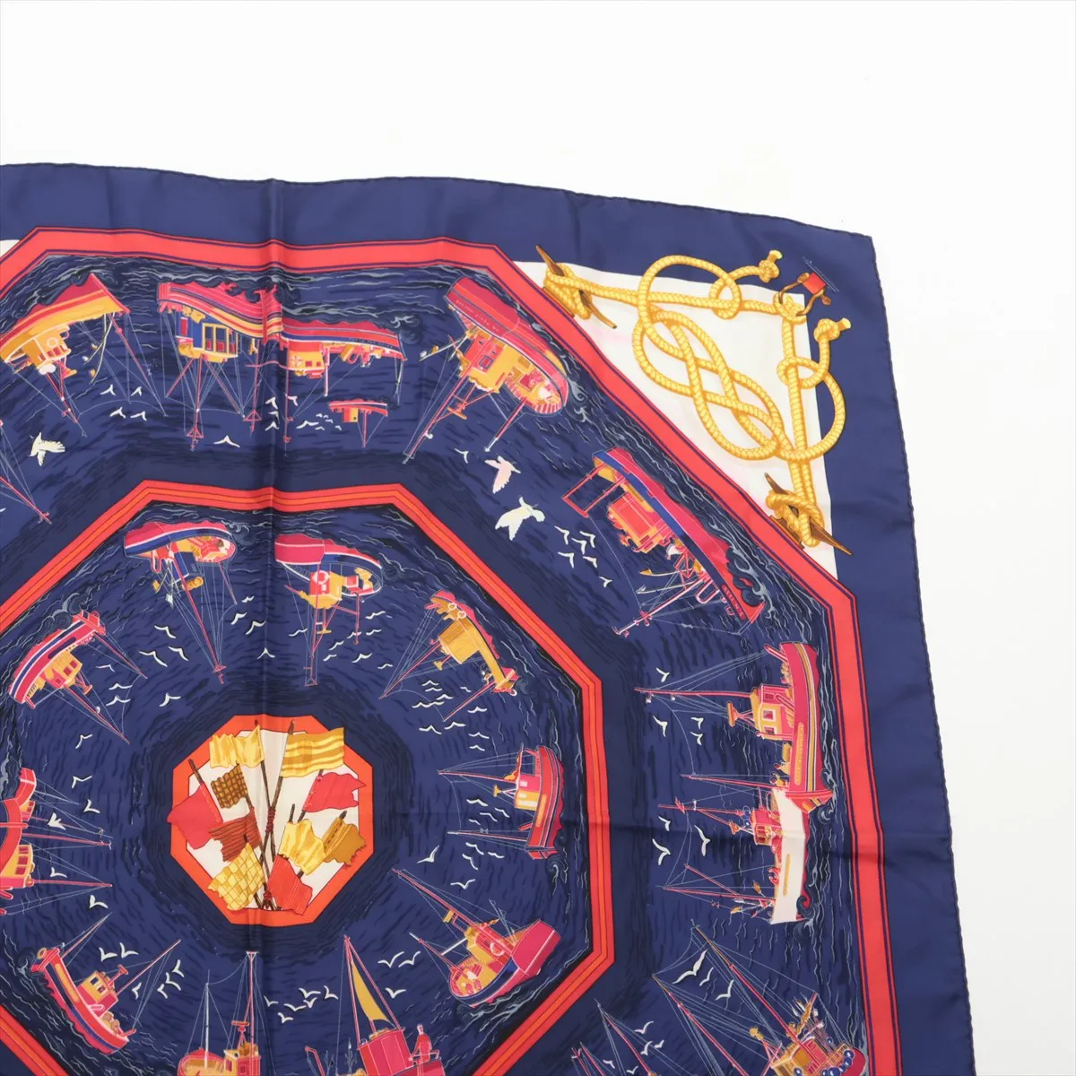 Carre 90 RETOUR DE PECHE (Fishing Boat Return) Scarf, Silk, Navy. Shows signs of wear, including — view 3