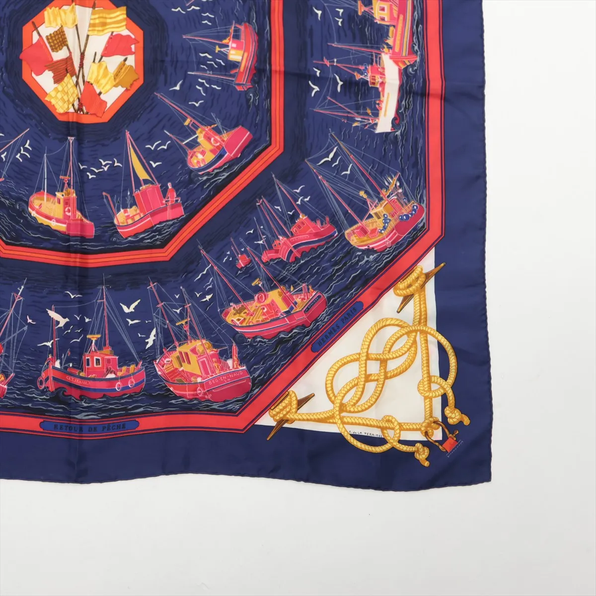 Carre 90 RETOUR DE PECHE (Fishing Boat Return) Scarf, Silk, Navy. Shows signs of wear, including — view 4