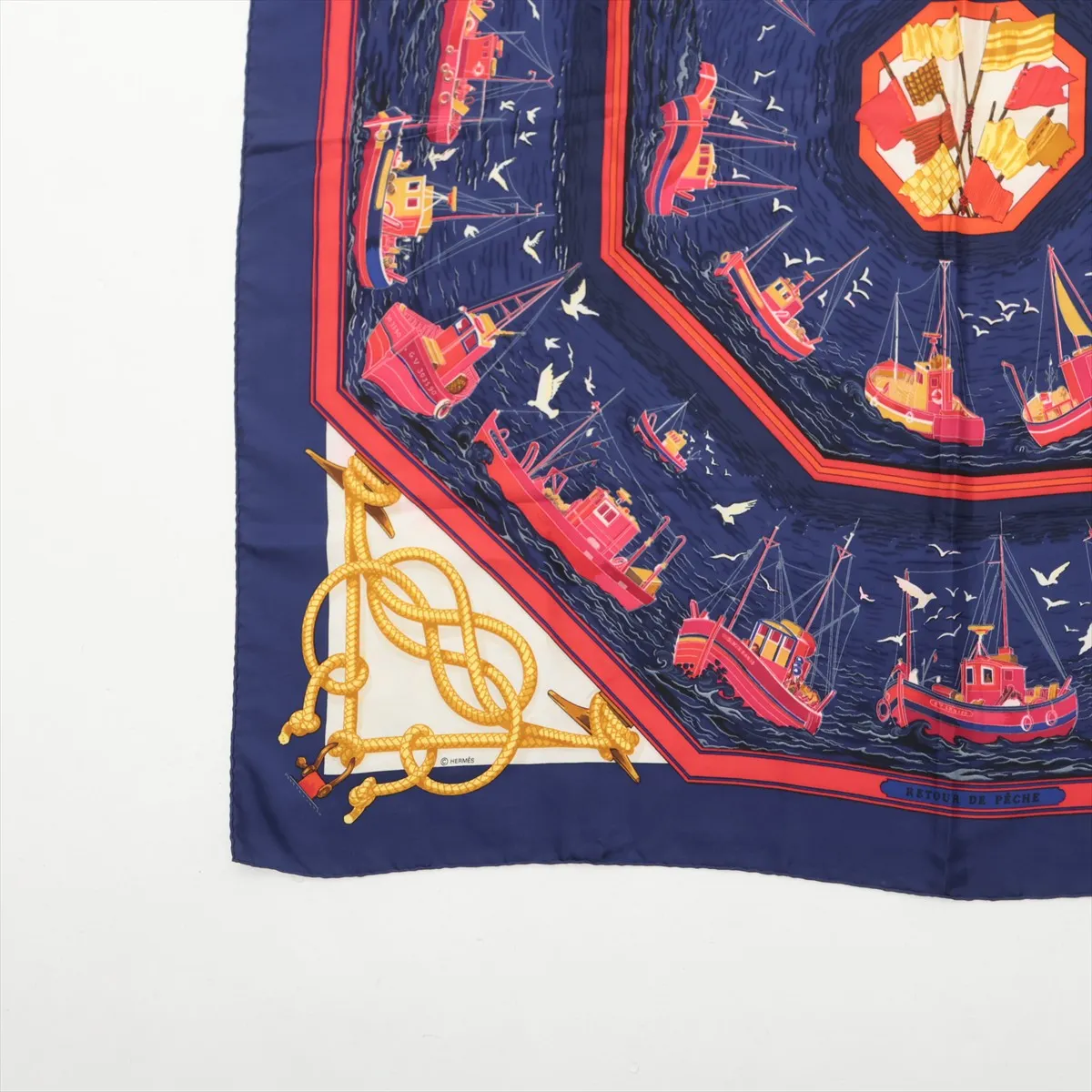 Carre 90 RETOUR DE PECHE (Fishing Boat Return) Scarf, Silk, Navy. Shows signs of wear, including — view 5