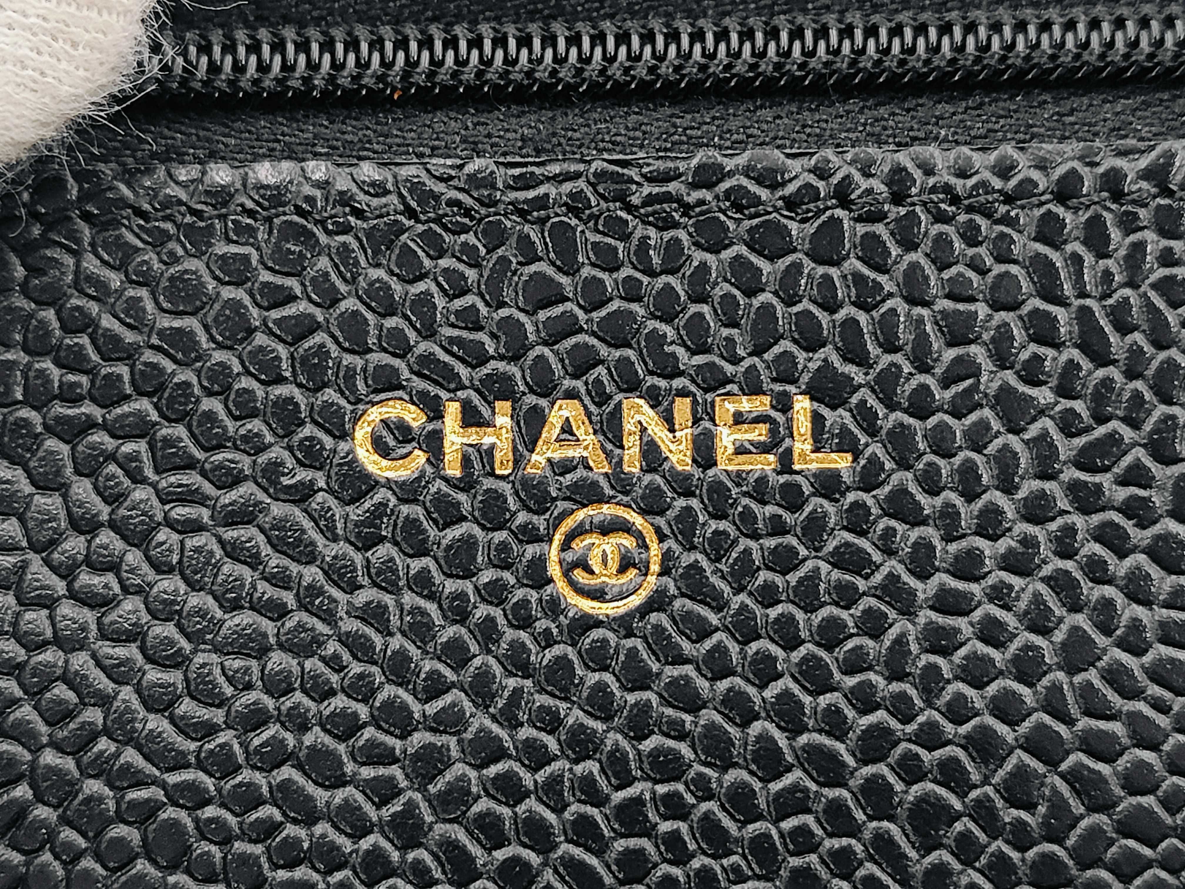 WOC Black Calfskin Medium Shoulder Bag with Gold Hardware and Embossed Chip Design — view 11