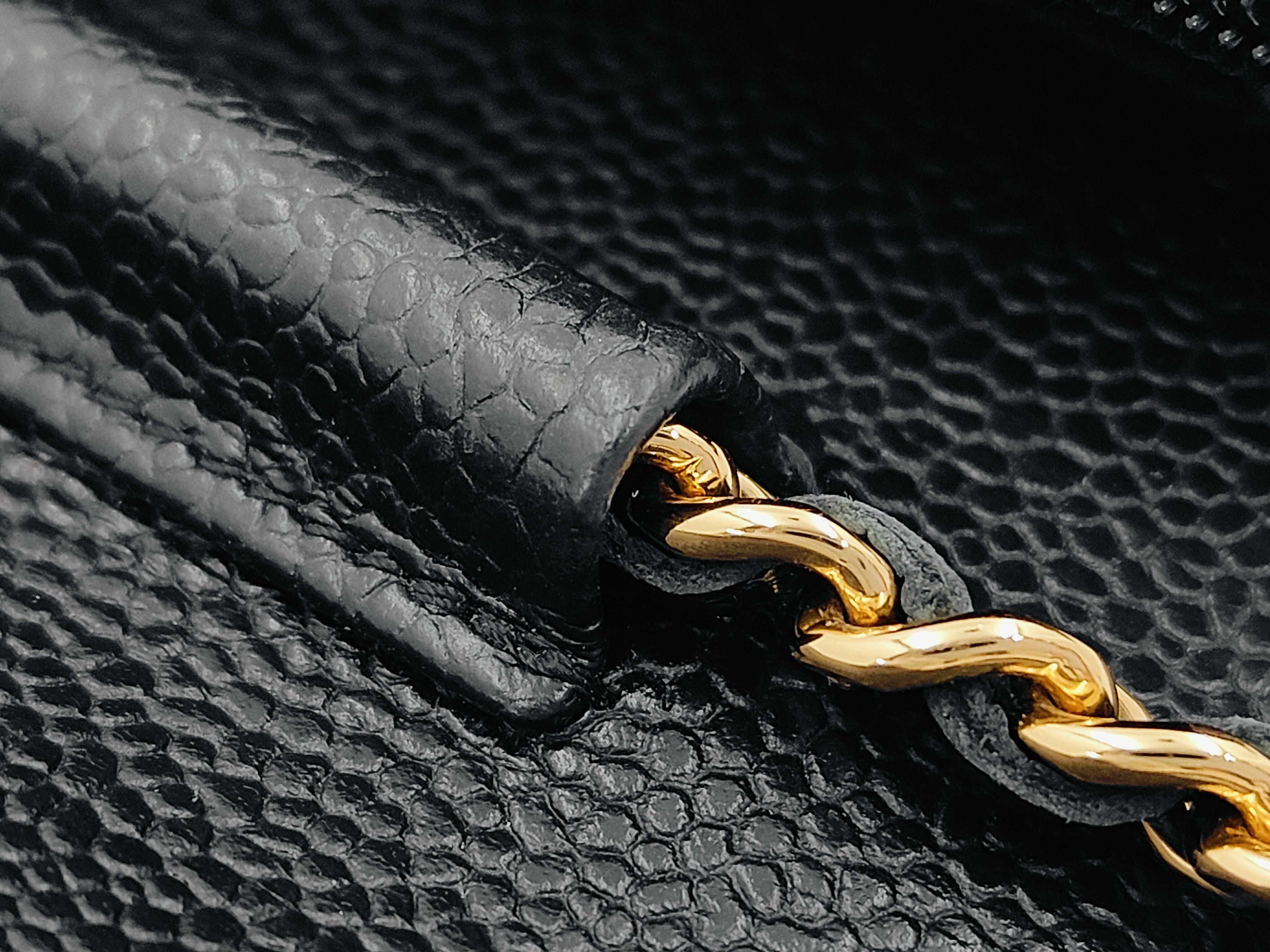 WOC Black Calfskin Medium Shoulder Bag with Gold Hardware and Embossed Chip Design — view 5