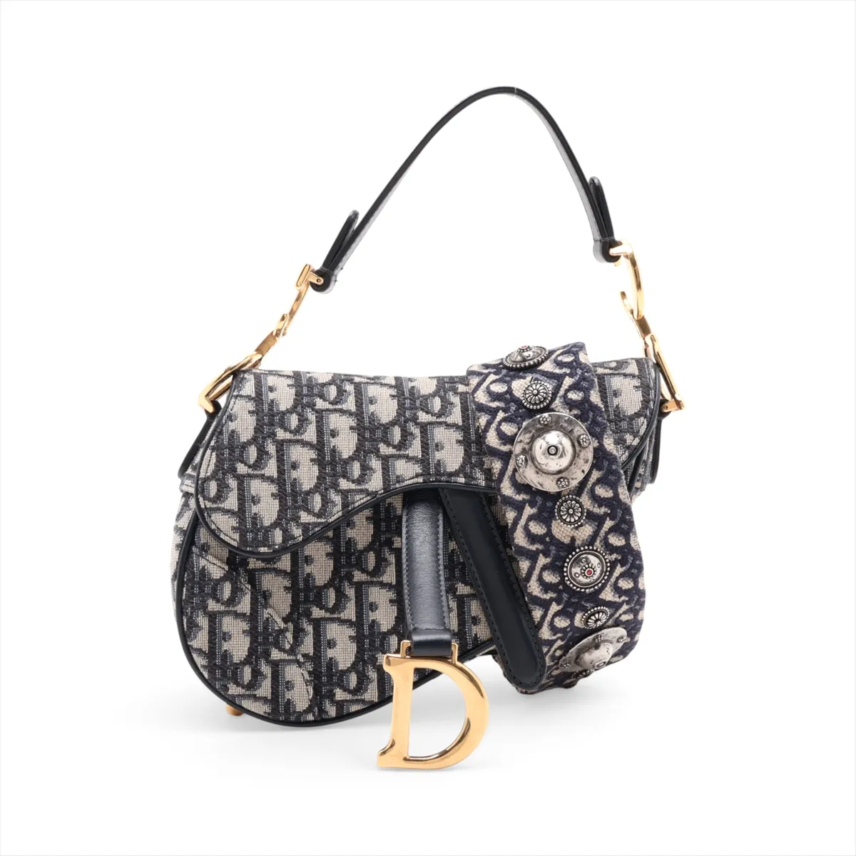 Oblique Saddle Bag, Canvas x Leather, 2-Way Handbag, Navy