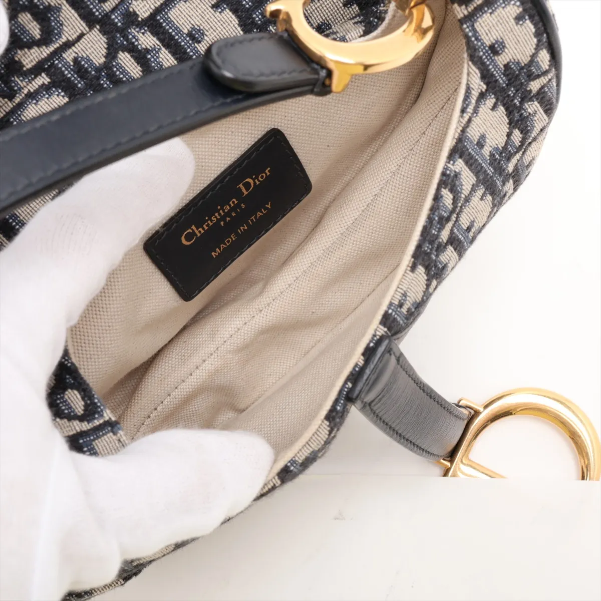 Oblique Saddle Bag, Canvas x Leather, 2-Way Handbag, Navy — view 8