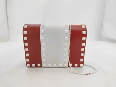 Red and White Calfskin Stud Chain Shoulder Bag