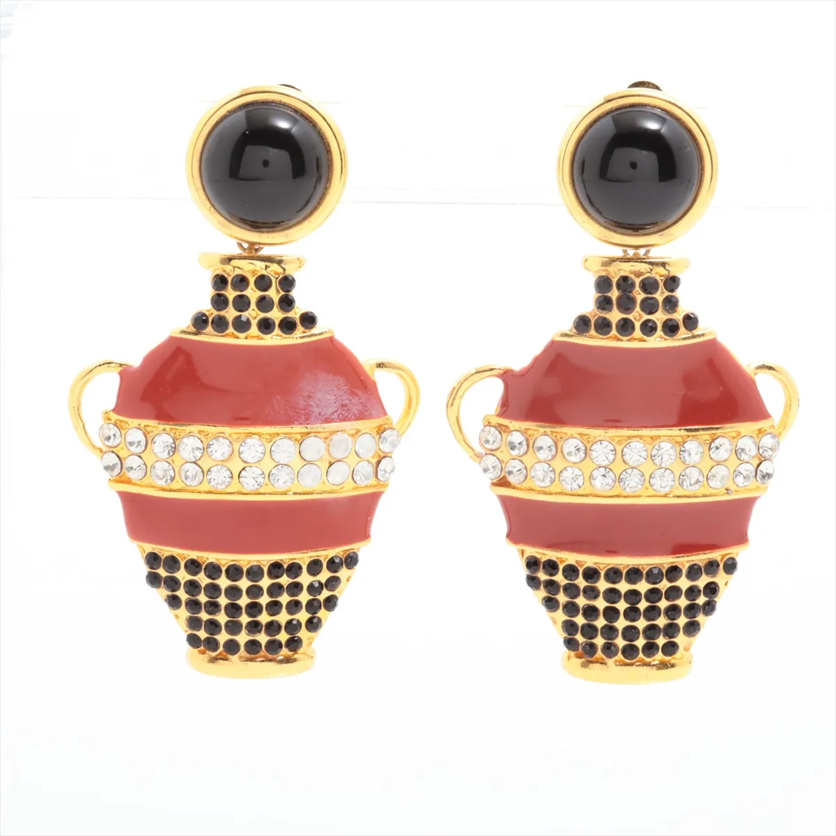 earrings (for both ears), gold-plated with rhinestones. Shows wear, tarnishing,