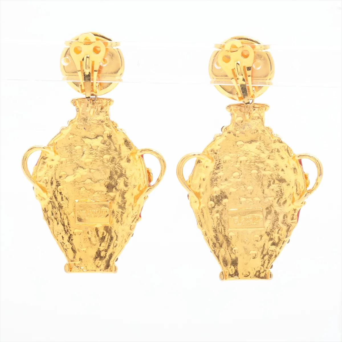 earrings (for both ears), gold-plated with rhinestones. Shows wear, tarnishing, — view 2