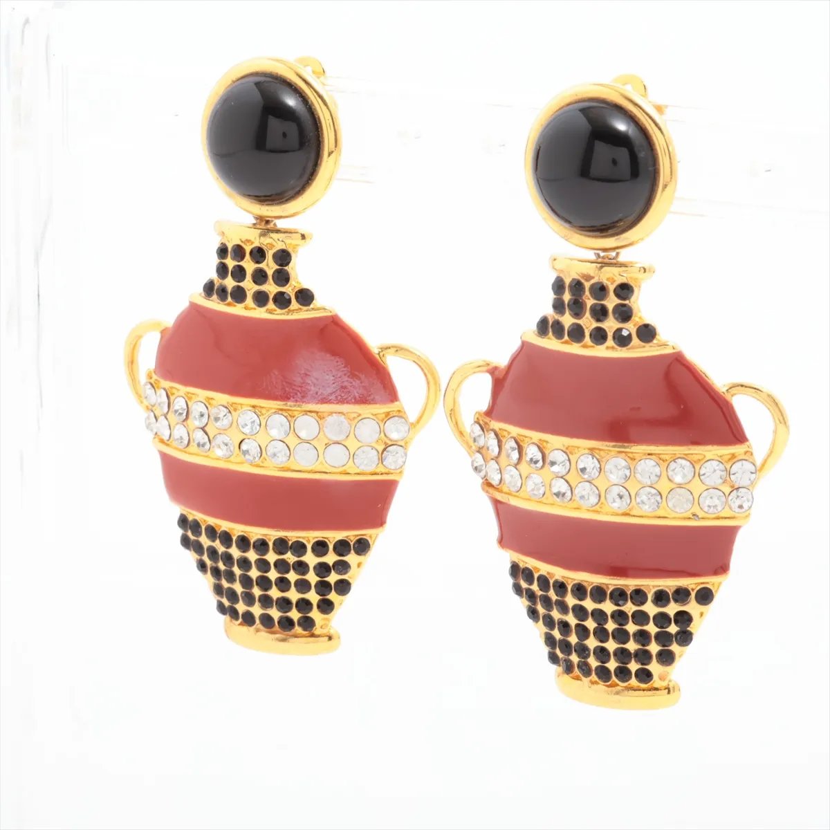 earrings (for both ears), gold-plated with rhinestones. Shows wear, tarnishing, — view 3