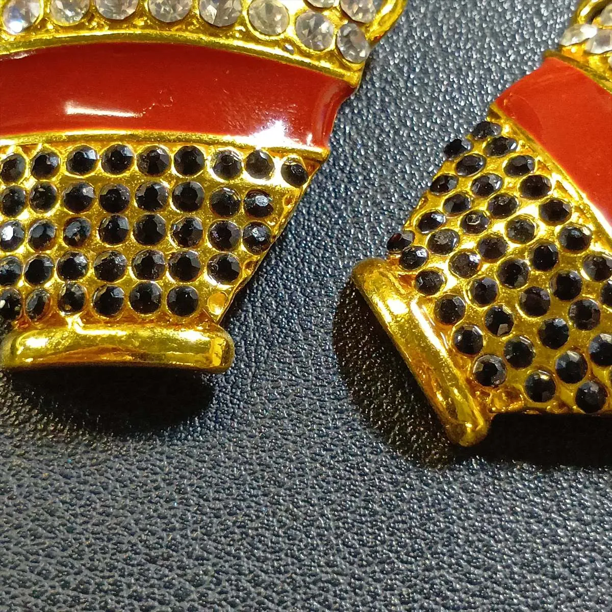 earrings (for both ears), gold-plated with rhinestones. Shows wear, tarnishing, — view 6