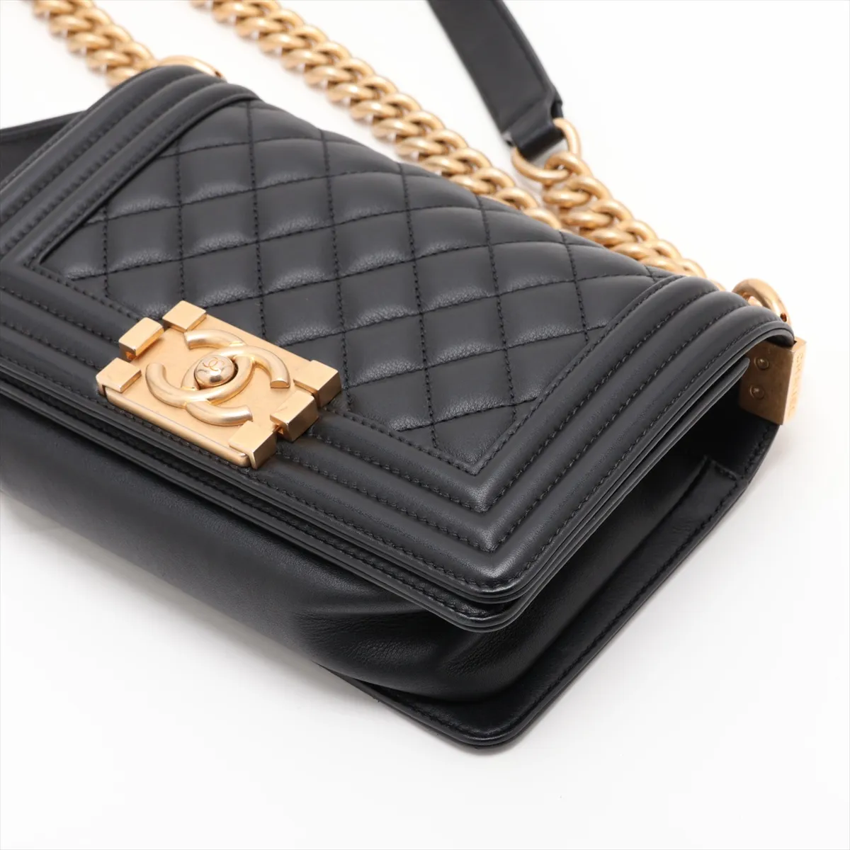 Boy Chanel 20 Small Lambskin Chain Shoulder Bag, Black with Gold Hardware, 28655235 (Serial Number 28, A67085) — view 3