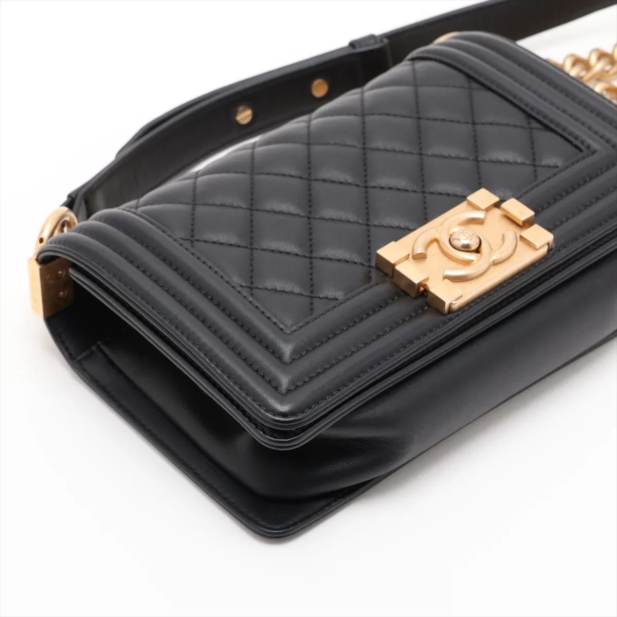 Boy Chanel 20 Small Lambskin Chain Shoulder Bag, Black with Gold Hardware, 28655235 (Serial Number 28, A67085) — view 4