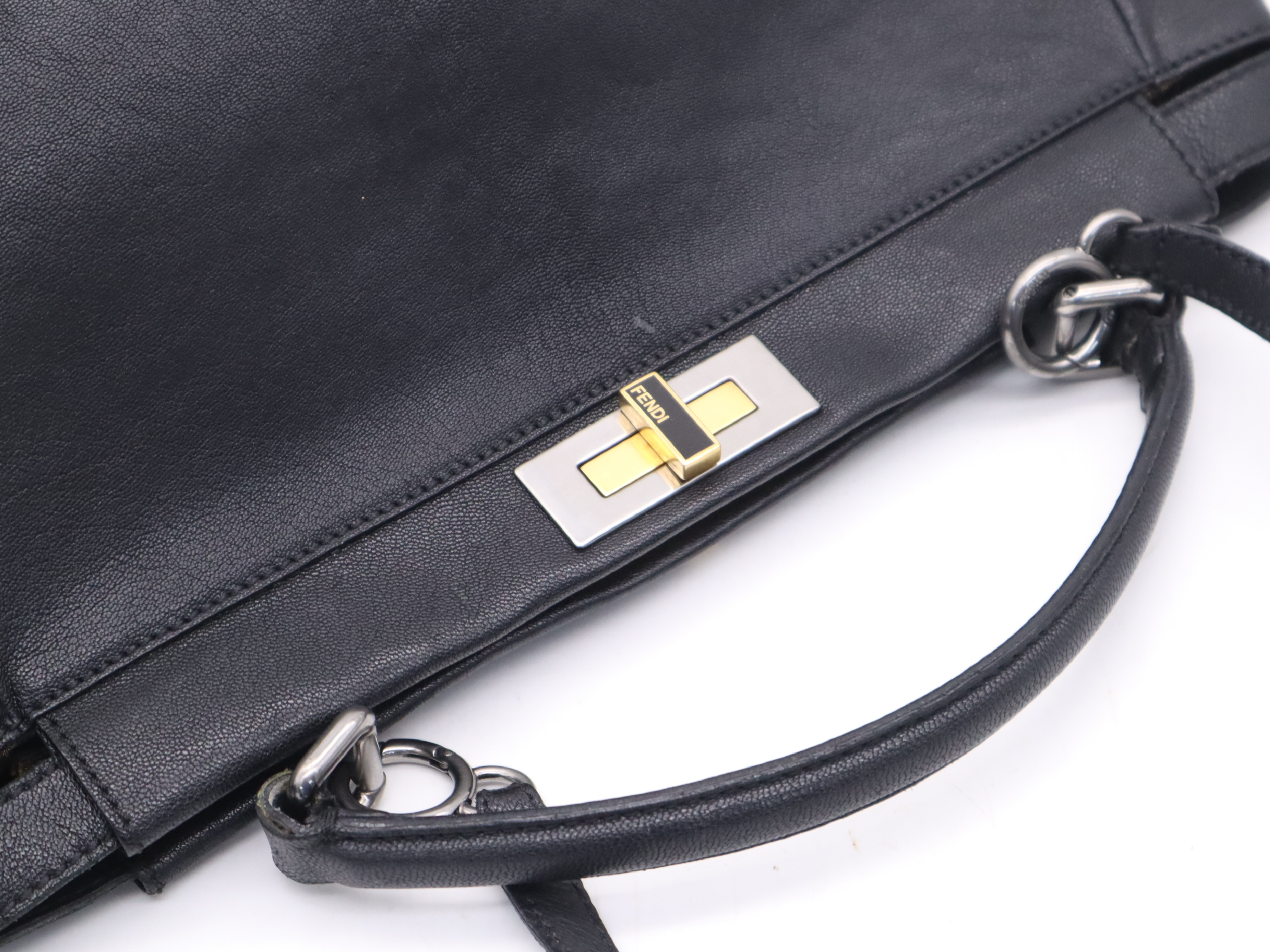 Leather Peekaboo Large Black Handbag with Silver Hardware and Shoulder Strap — view 6