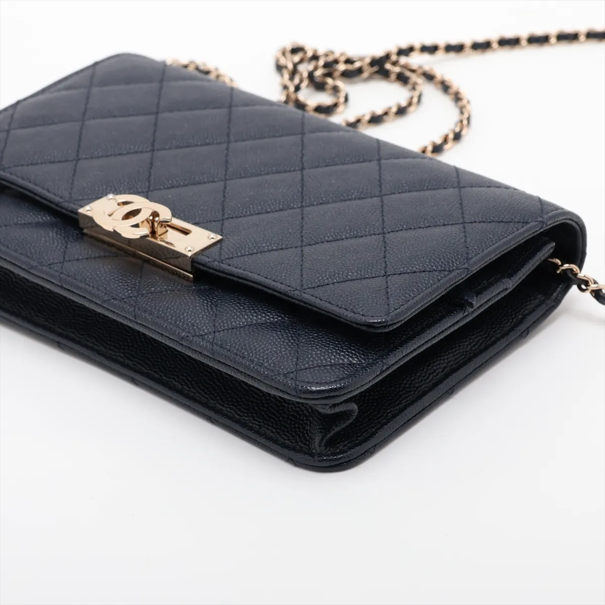Coco Lock Caviar Skin Chain Wallet, Navy, Gold Hardware, 30990327, Serial Number in the 30s, A80766 — view 3