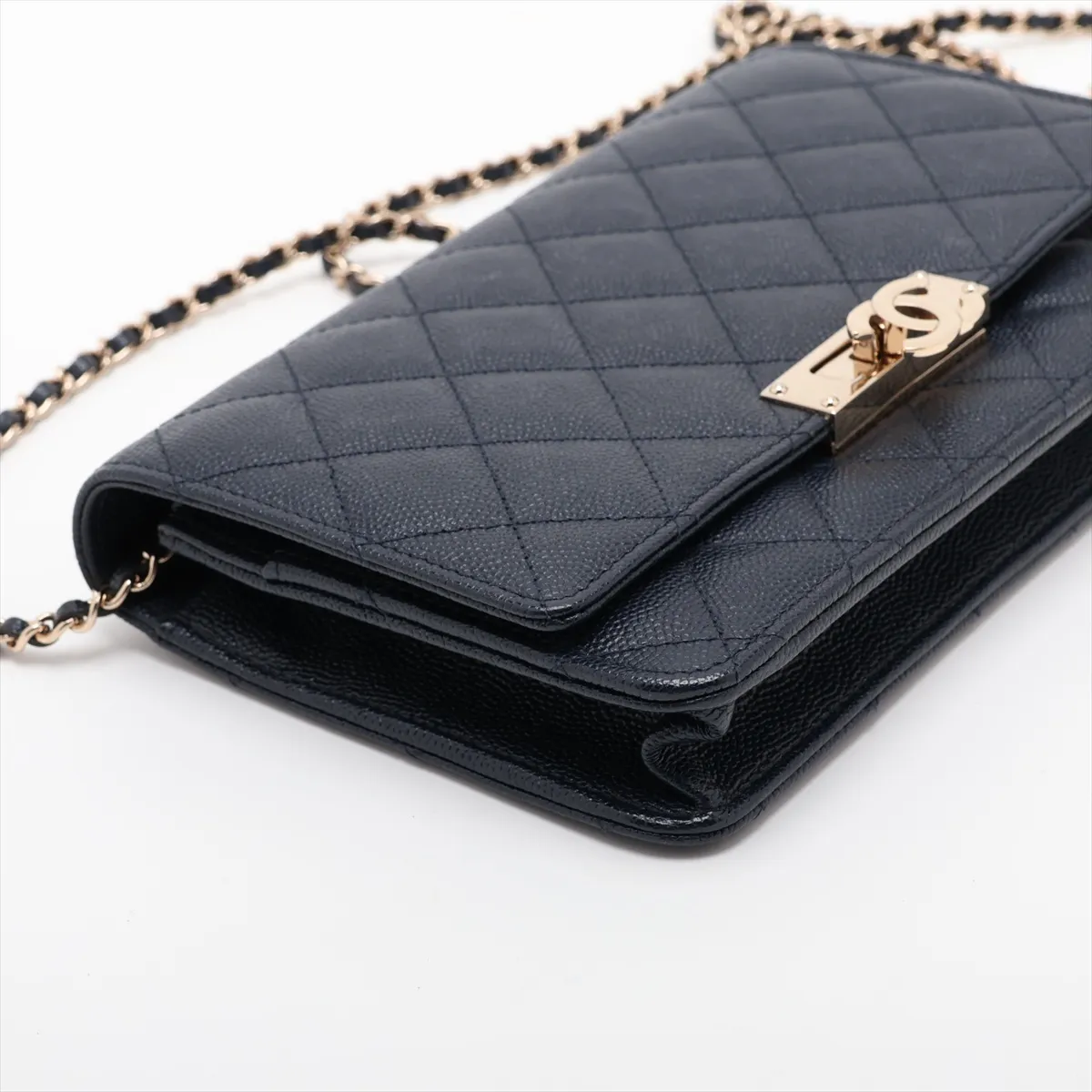 Coco Lock Caviar Skin Chain Wallet, Navy, Gold Hardware, 30990327, Serial Number in the 30s, A80766 — view 4