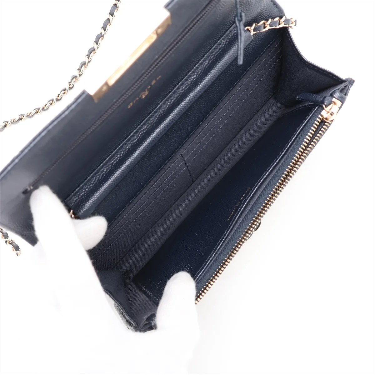 Coco Lock Caviar Skin Chain Wallet, Navy, Gold Hardware, 30990327, Serial Number in the 30s, A80766 — view 6