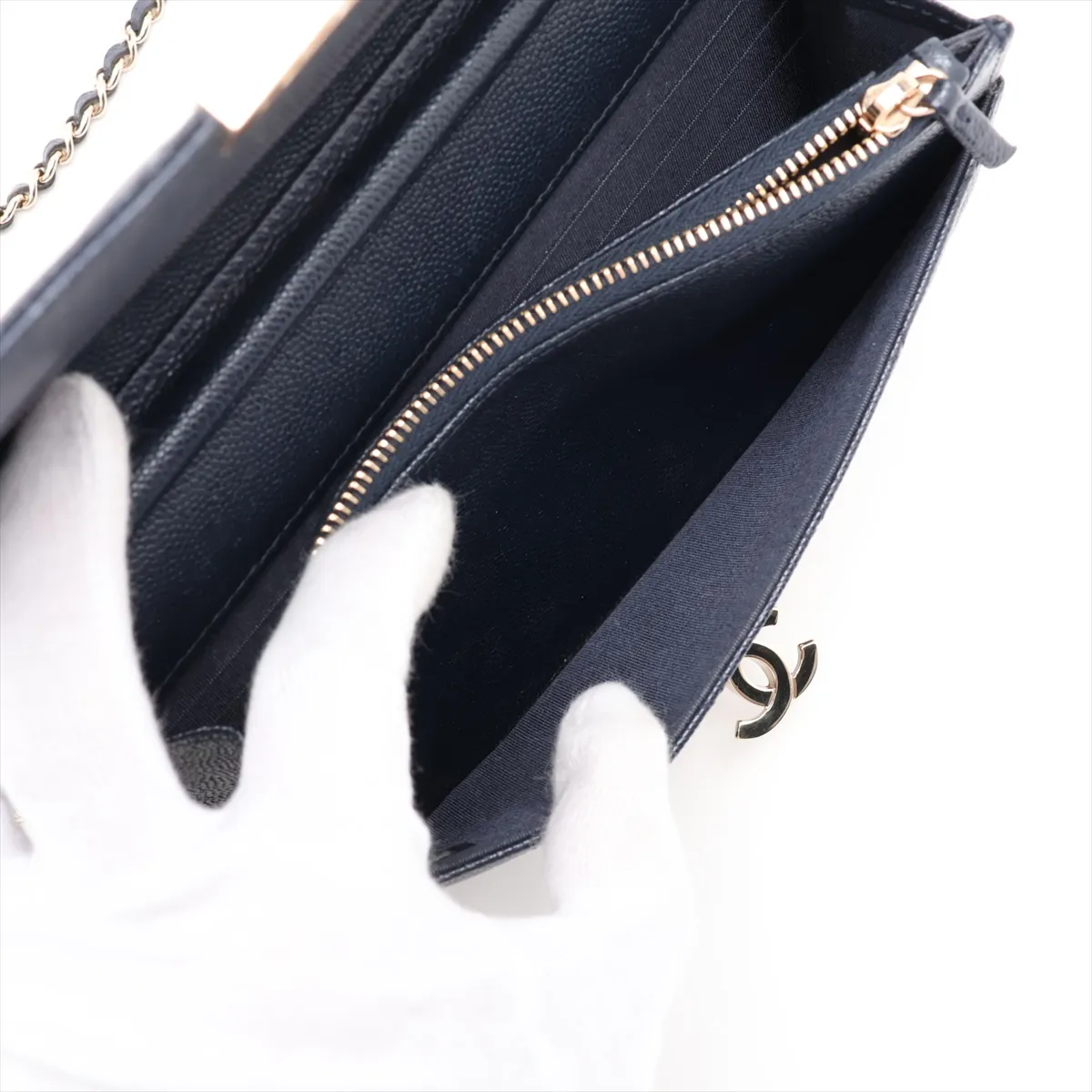 Coco Lock Caviar Skin Chain Wallet, Navy, Gold Hardware, 30990327, Serial Number in the 30s, A80766 — view 9