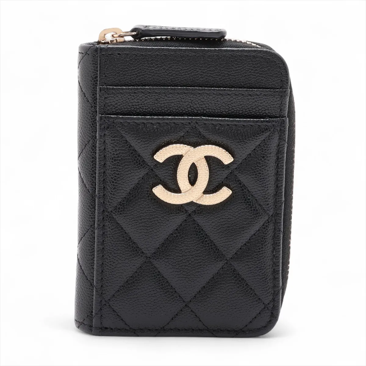 Matelassé Caviar Skin Coin Case, Black with Gold Hardware, JGT20LNC
