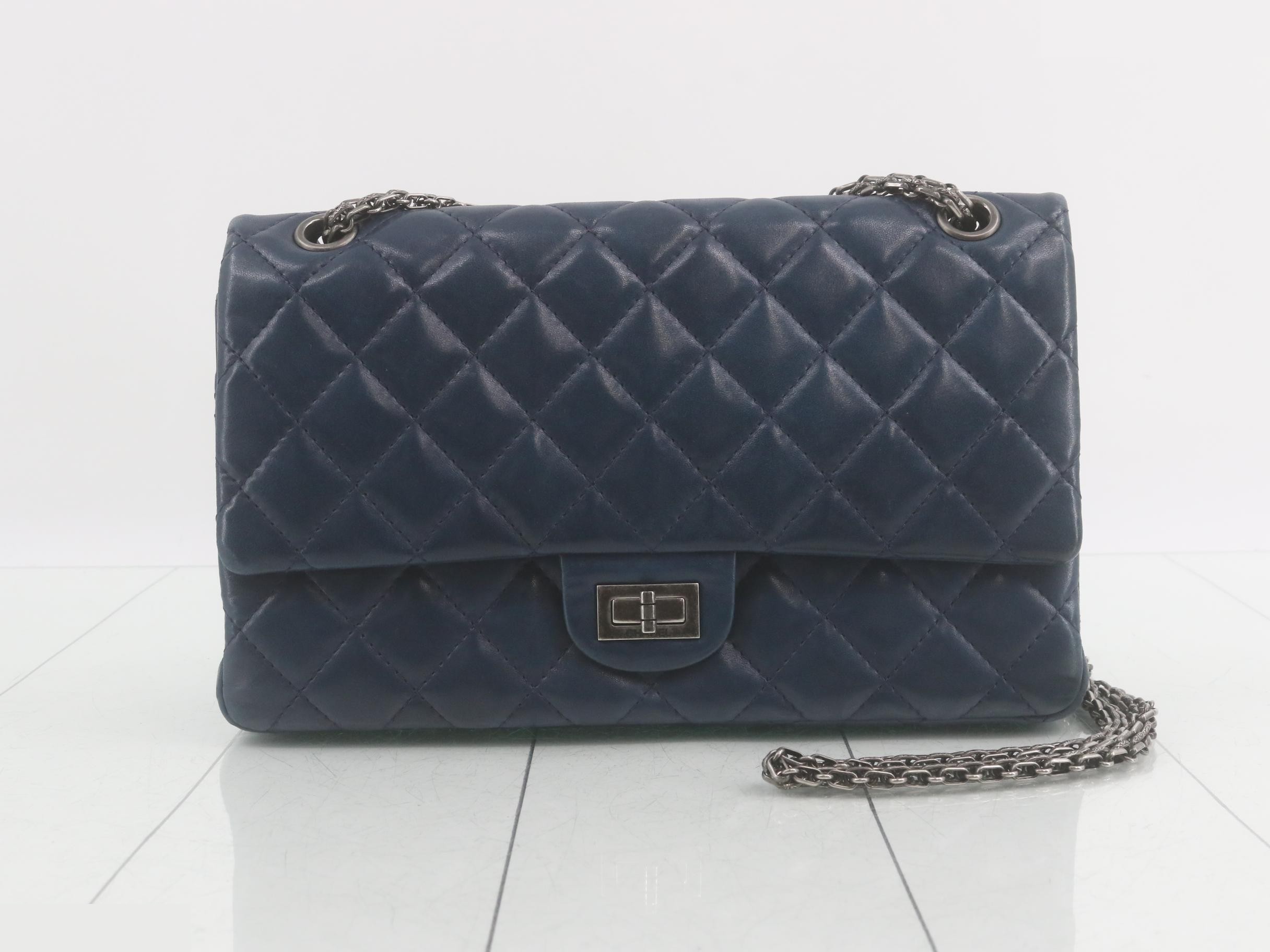 2.55 Leather Double Flap Double Chain Shoulder Bag, Blue