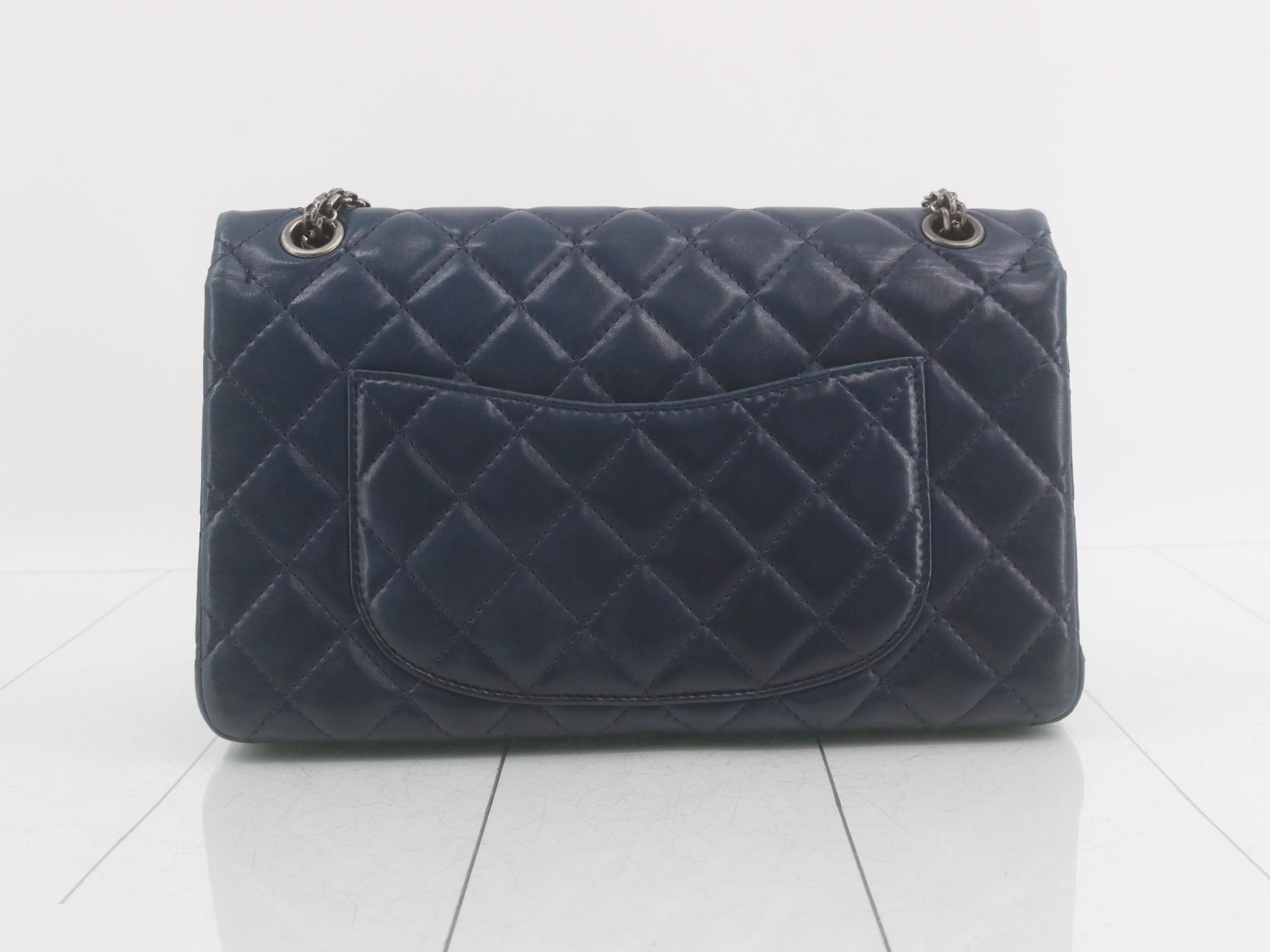 2.55 Leather Double Flap Double Chain Shoulder Bag, Blue — view 2