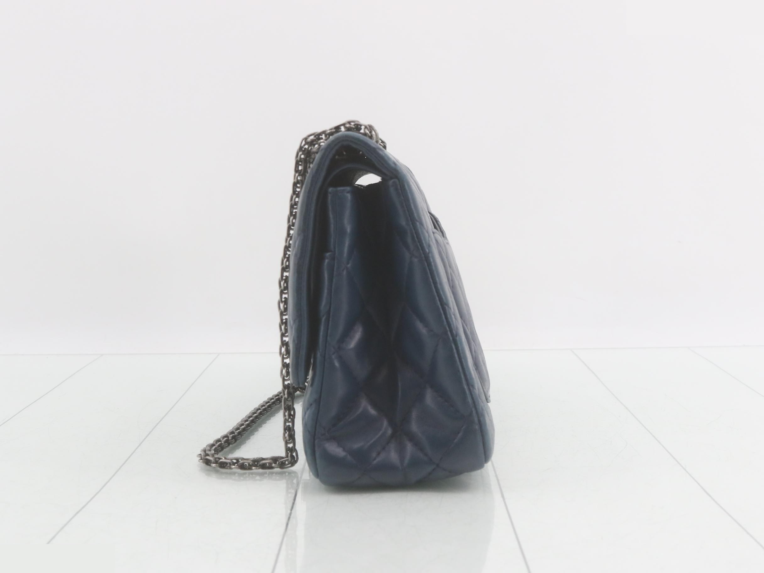 2.55 Leather Double Flap Double Chain Shoulder Bag, Blue — view 3