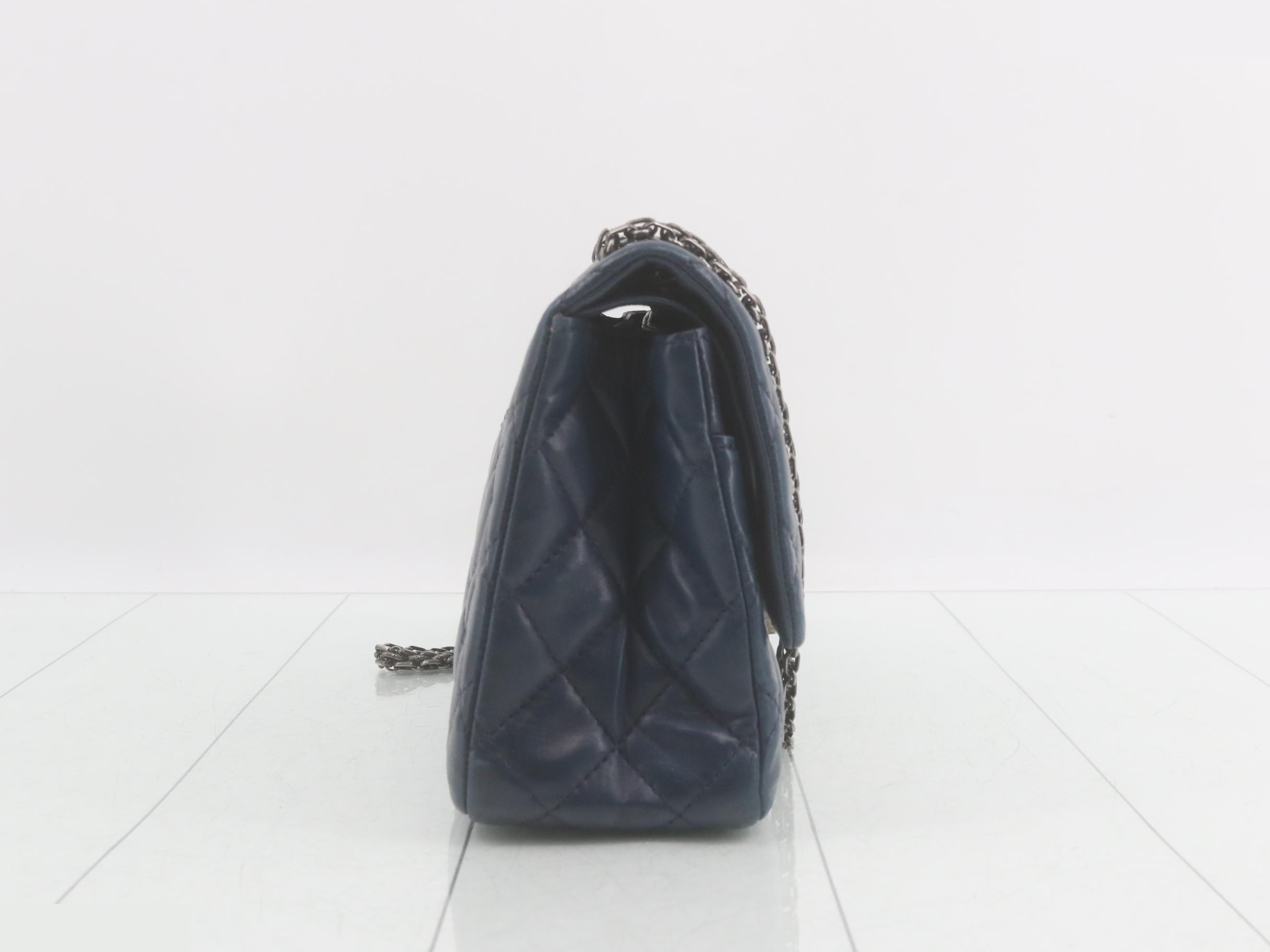 2.55 Leather Double Flap Double Chain Shoulder Bag, Blue — view 4