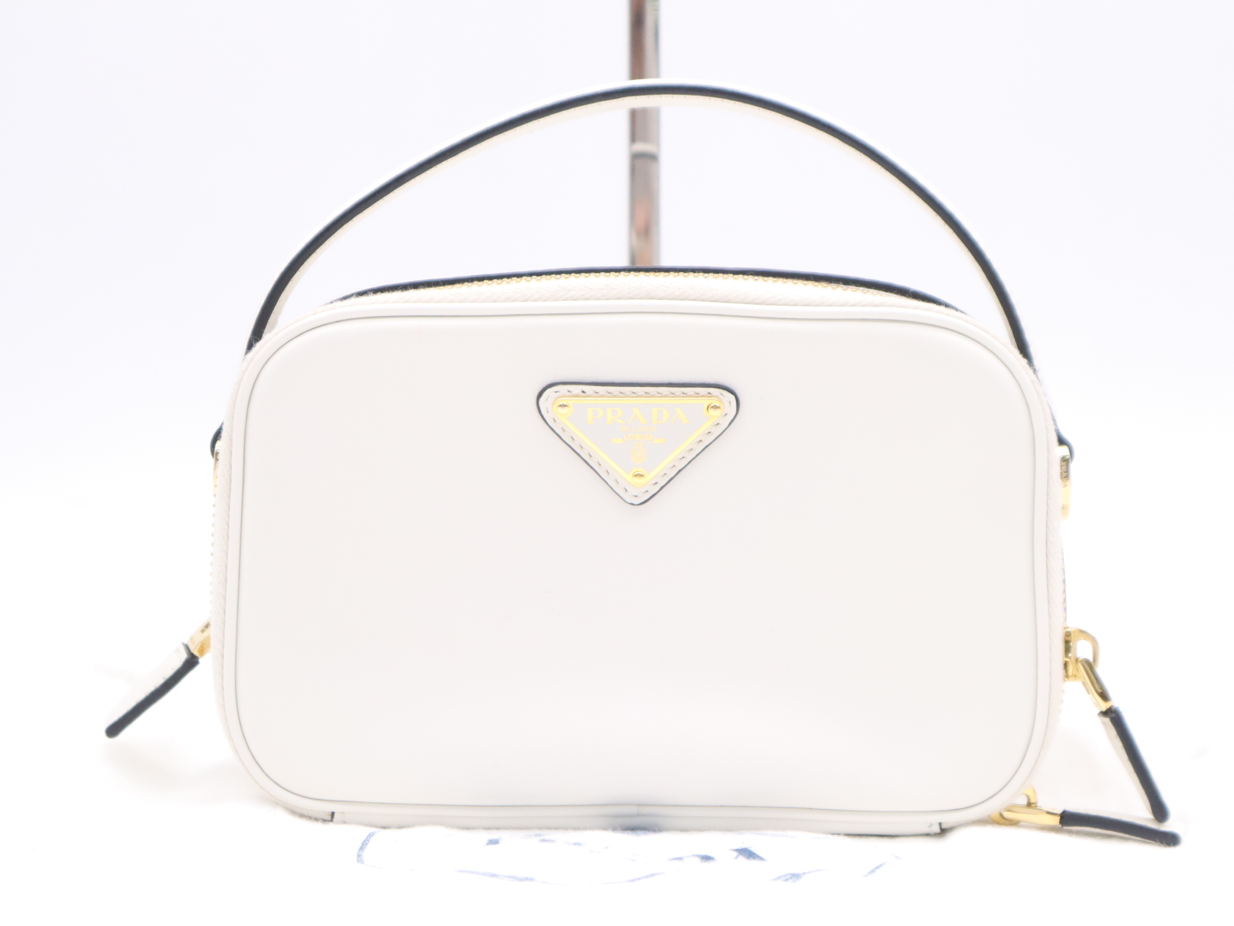 Odette Leather Triangle Logo Mini Bag, White, Gold Hardware, with Dust Bag, Handbag