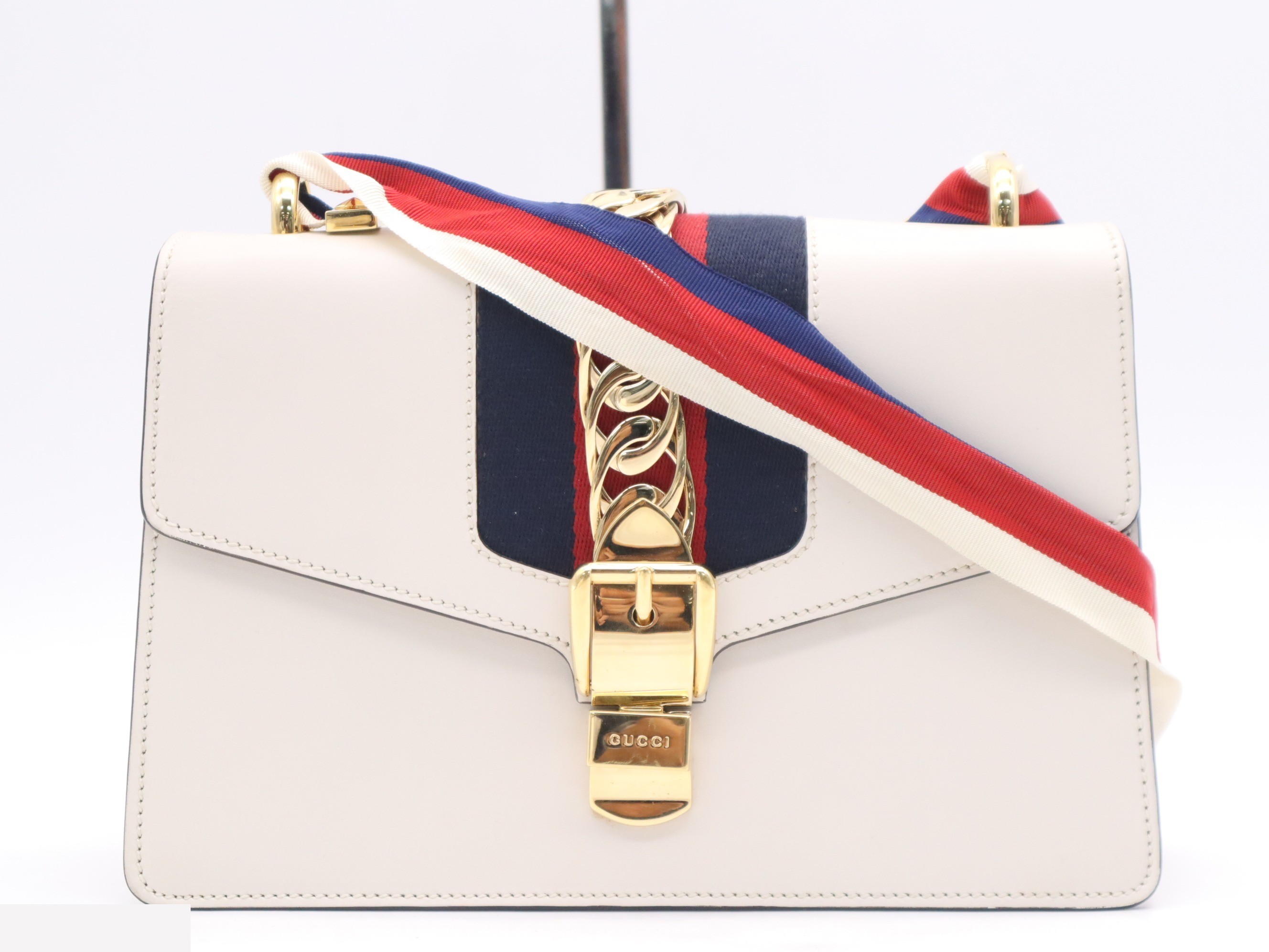 Leather Sylvie Sherry Shoulder Bag, White, Gold Hardware