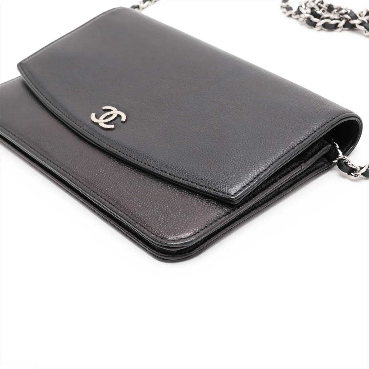 Coco Mark Caviar Skin Chain Wallet, Black with Silver Hardware, 14626034, Series 14 — view 3