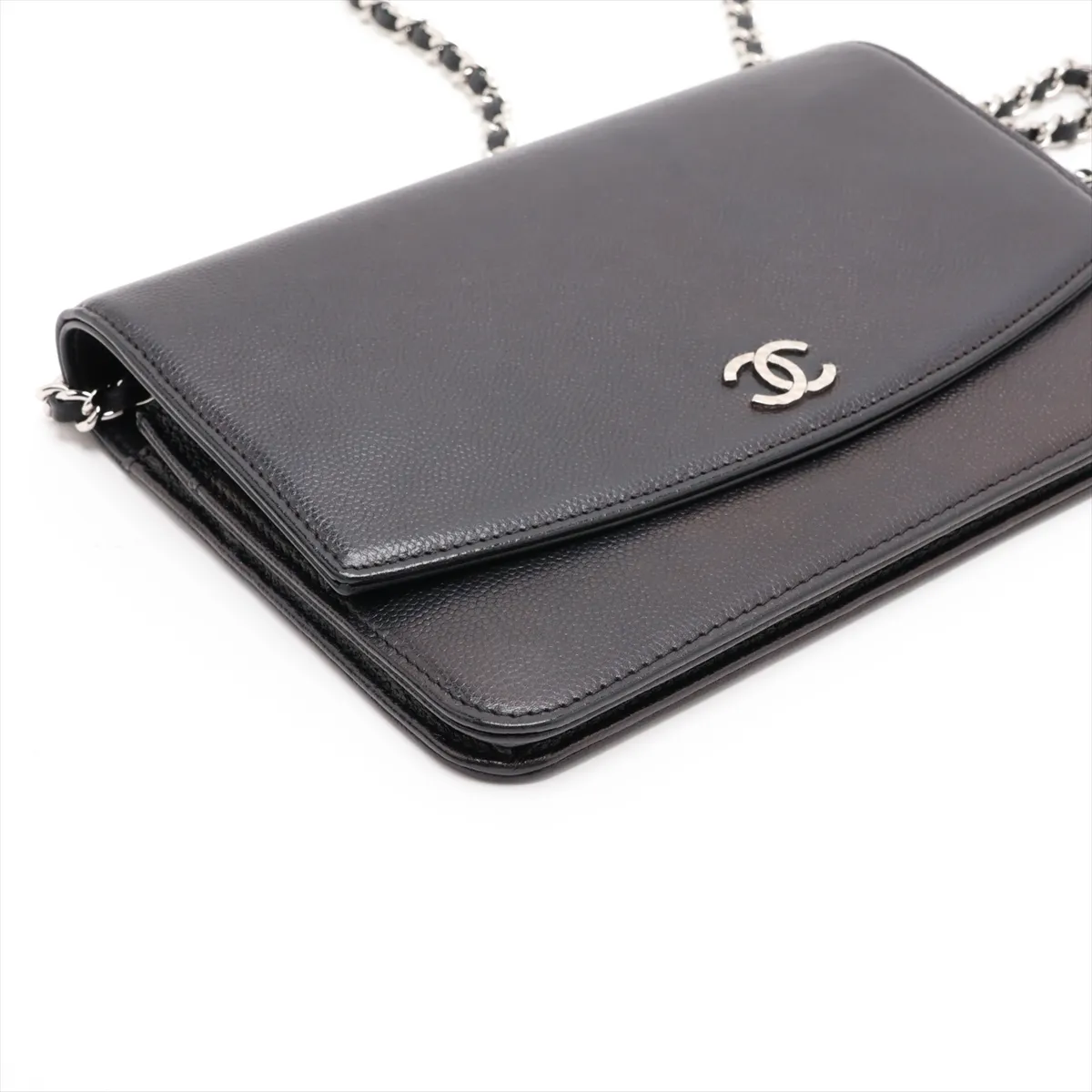 Coco Mark Caviar Skin Chain Wallet, Black with Silver Hardware, 14626034, Series 14 — view 4