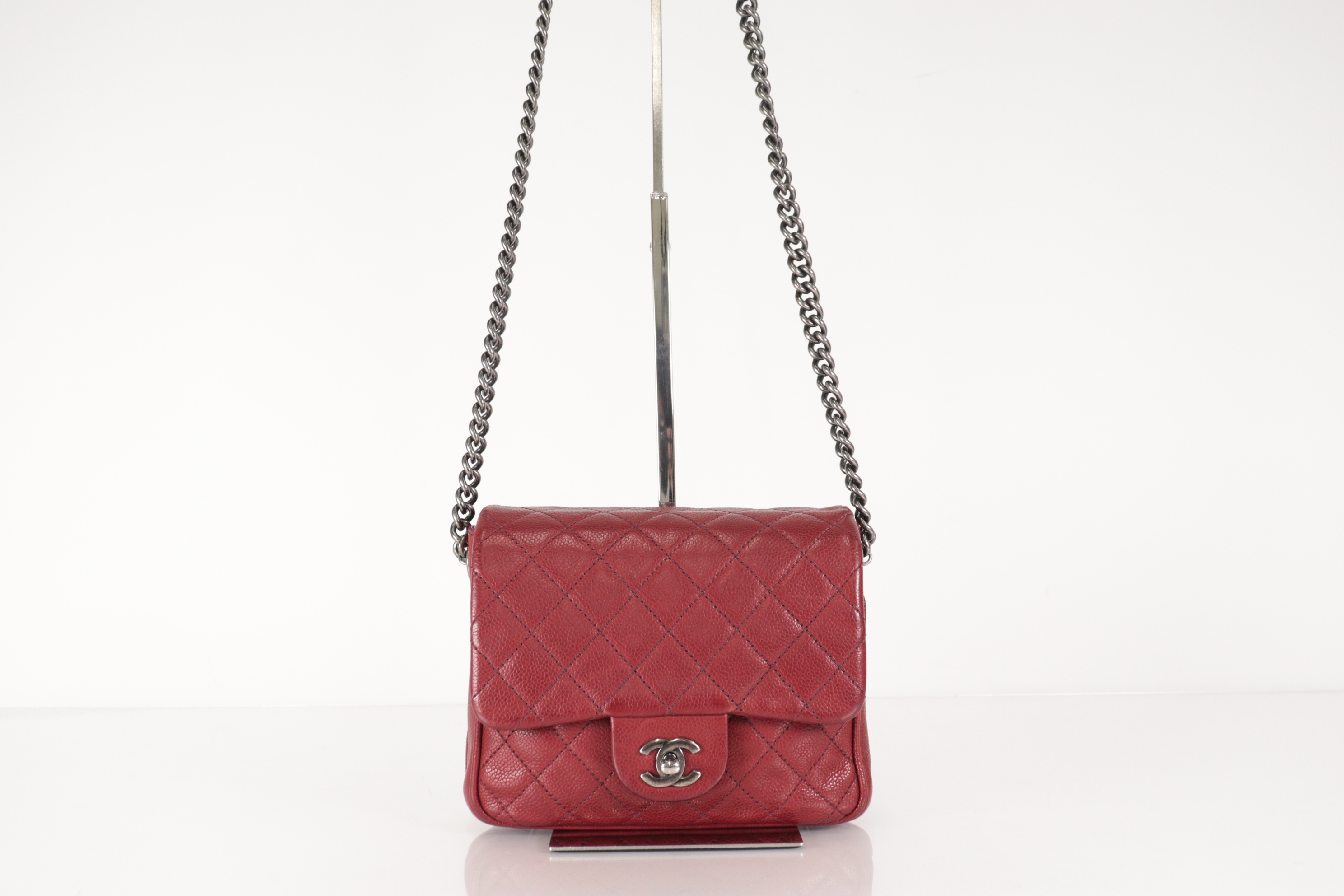 Matelassé Caviar Chain Shoulder Bag, Silver Hardware, Bordeaux, Serial Number 23 Series