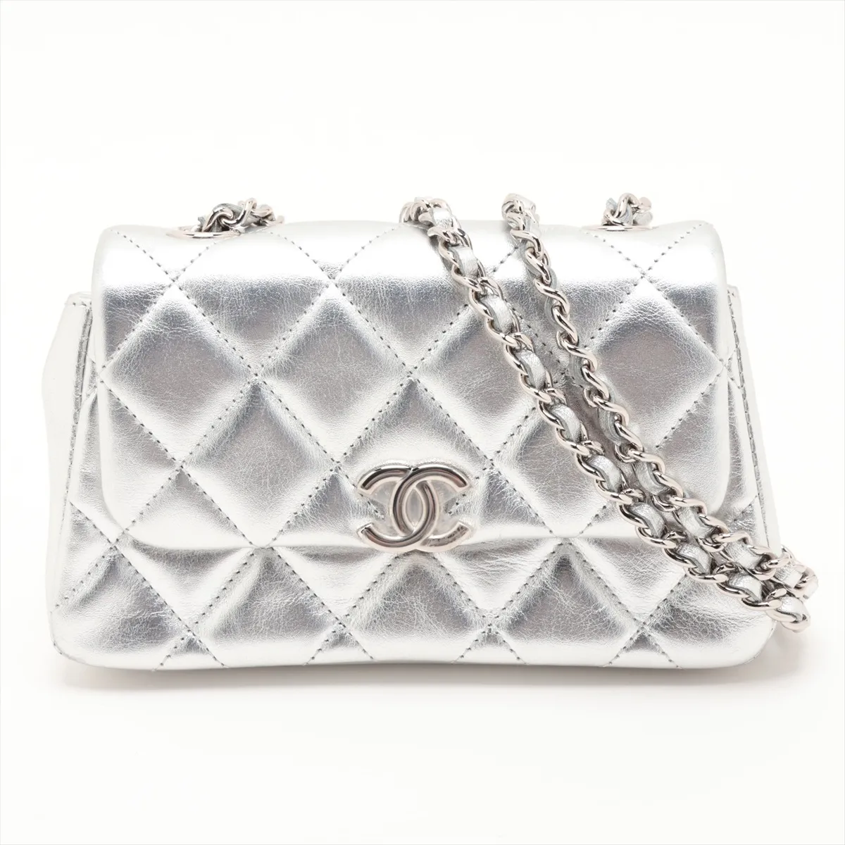 Matelassé Lambskin Chain Shoulder Bag, Silver, Silver Hardware, N56UGHE8, Random Serial Number