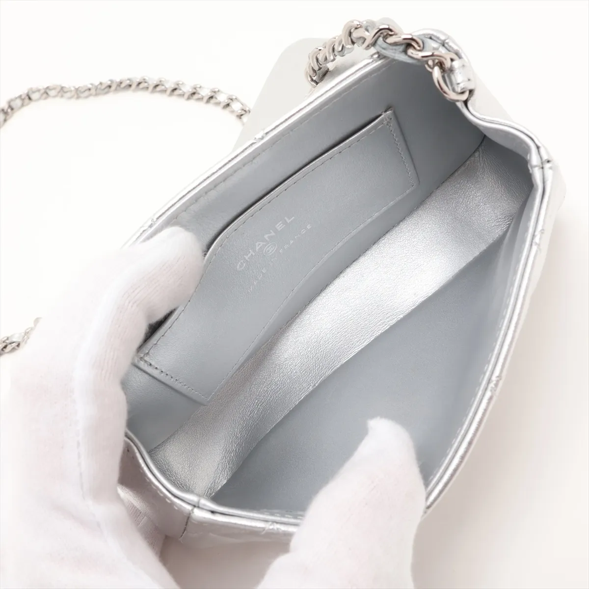 Matelassé Lambskin Chain Shoulder Bag, Silver, Silver Hardware, N56UGHE8, Random Serial Number — view 6