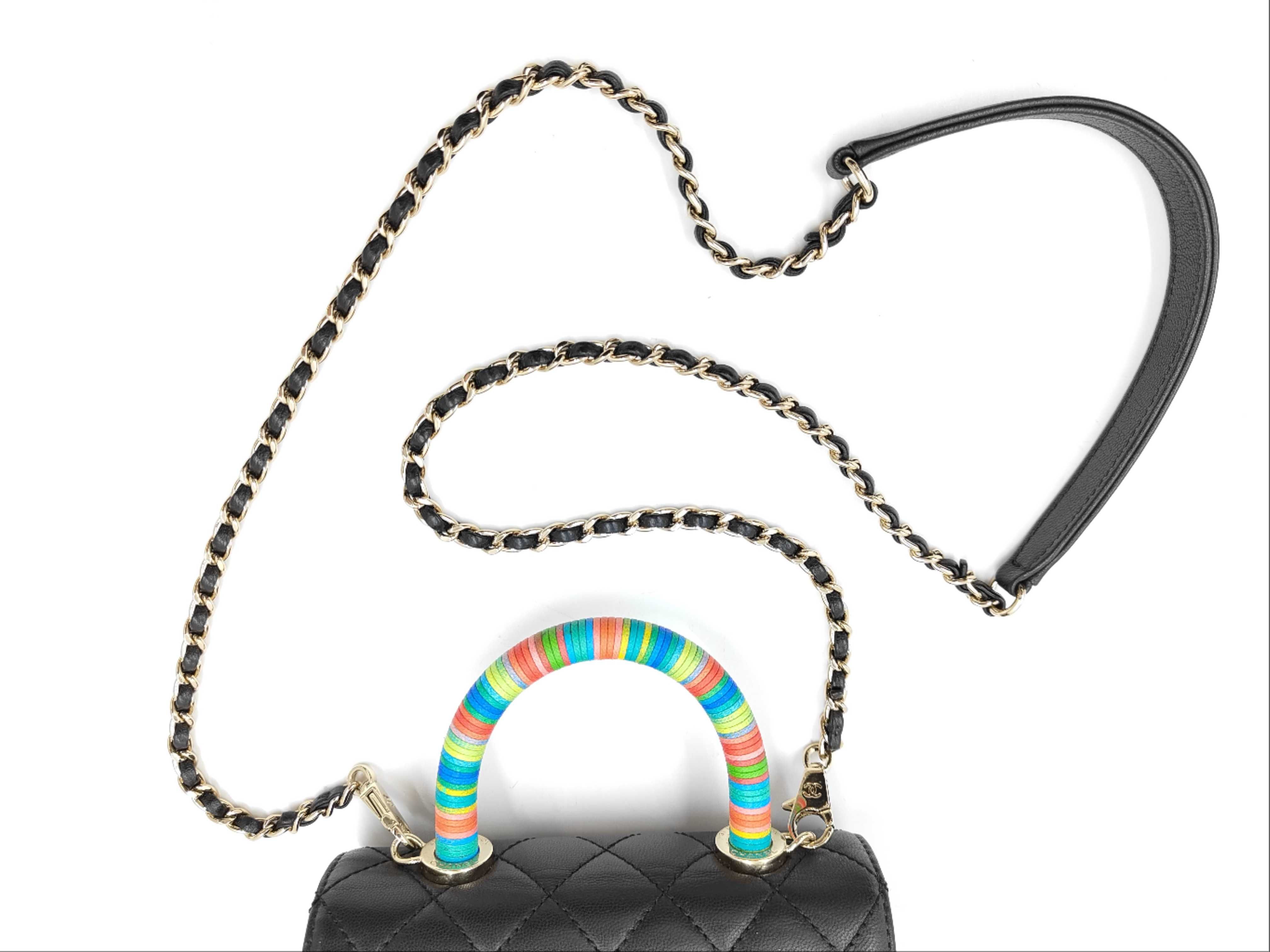 Matelassé Top Handle Bag, Black Lambskin, Multicolor Handle, Gold Hardware, Handbag — view 3